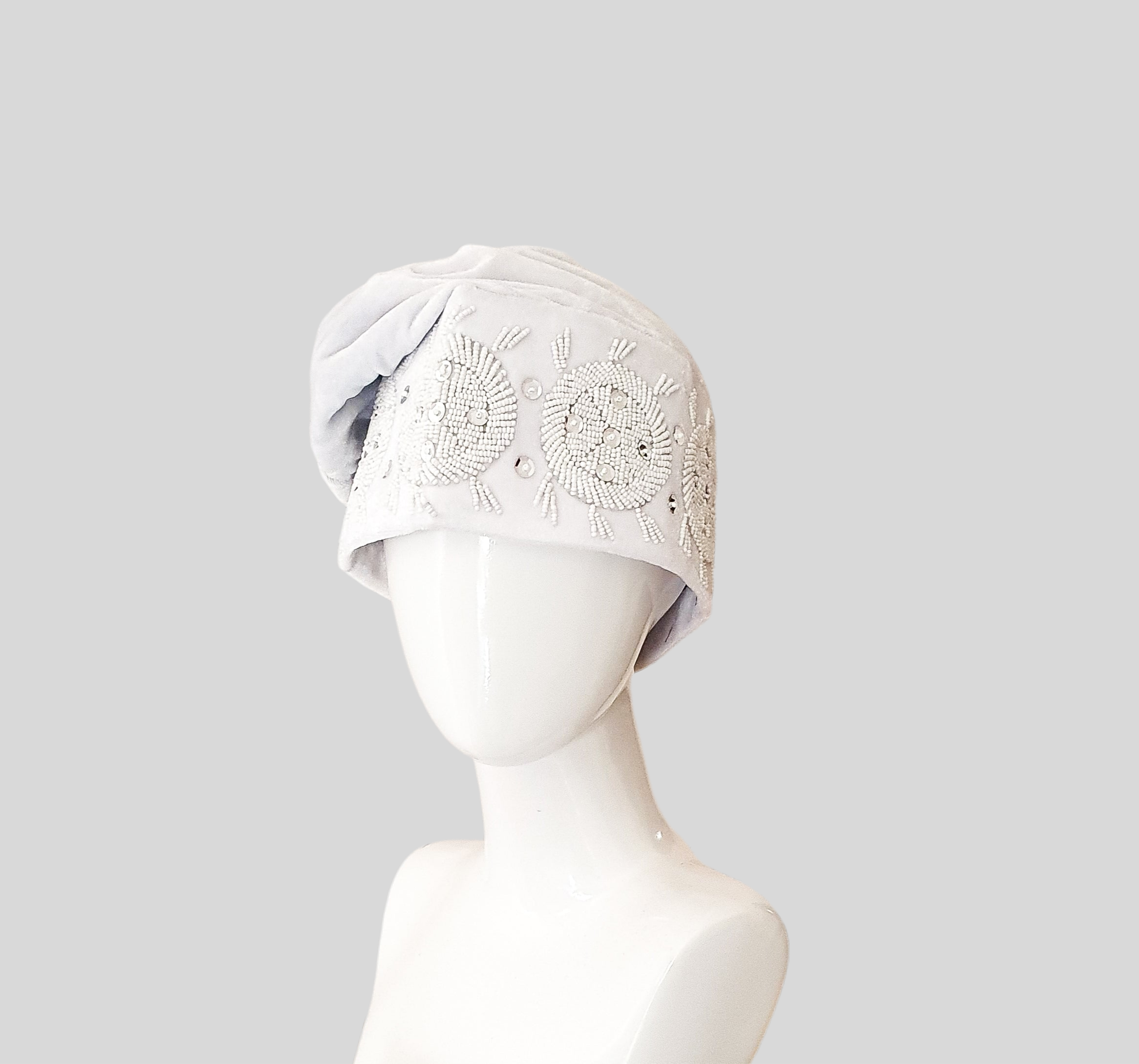 white velvet Yoruba beaded hat