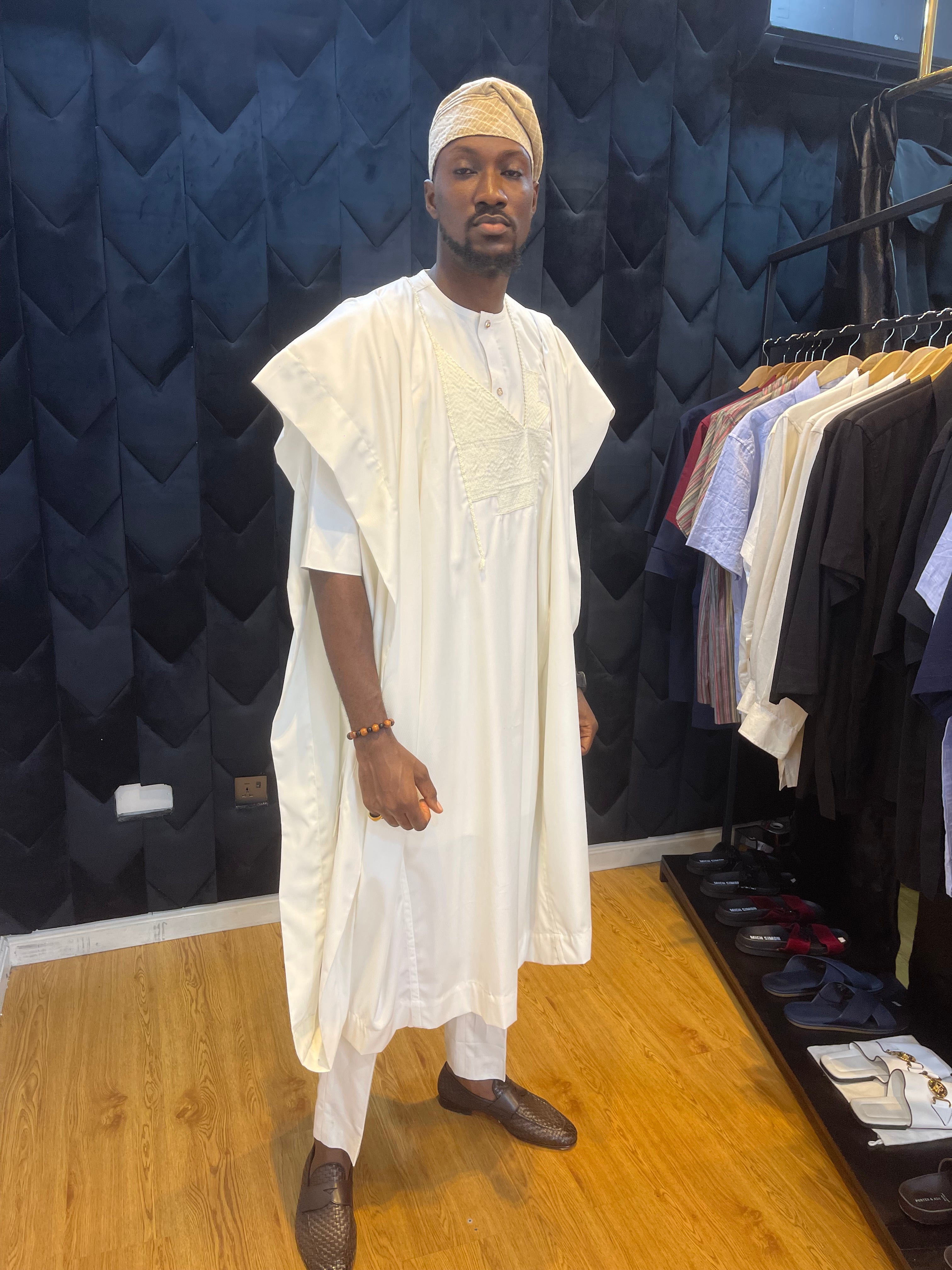 Cream “Oniru” Wave Jakan Agbada – Embroidered Wool 3-Piece Set for Men