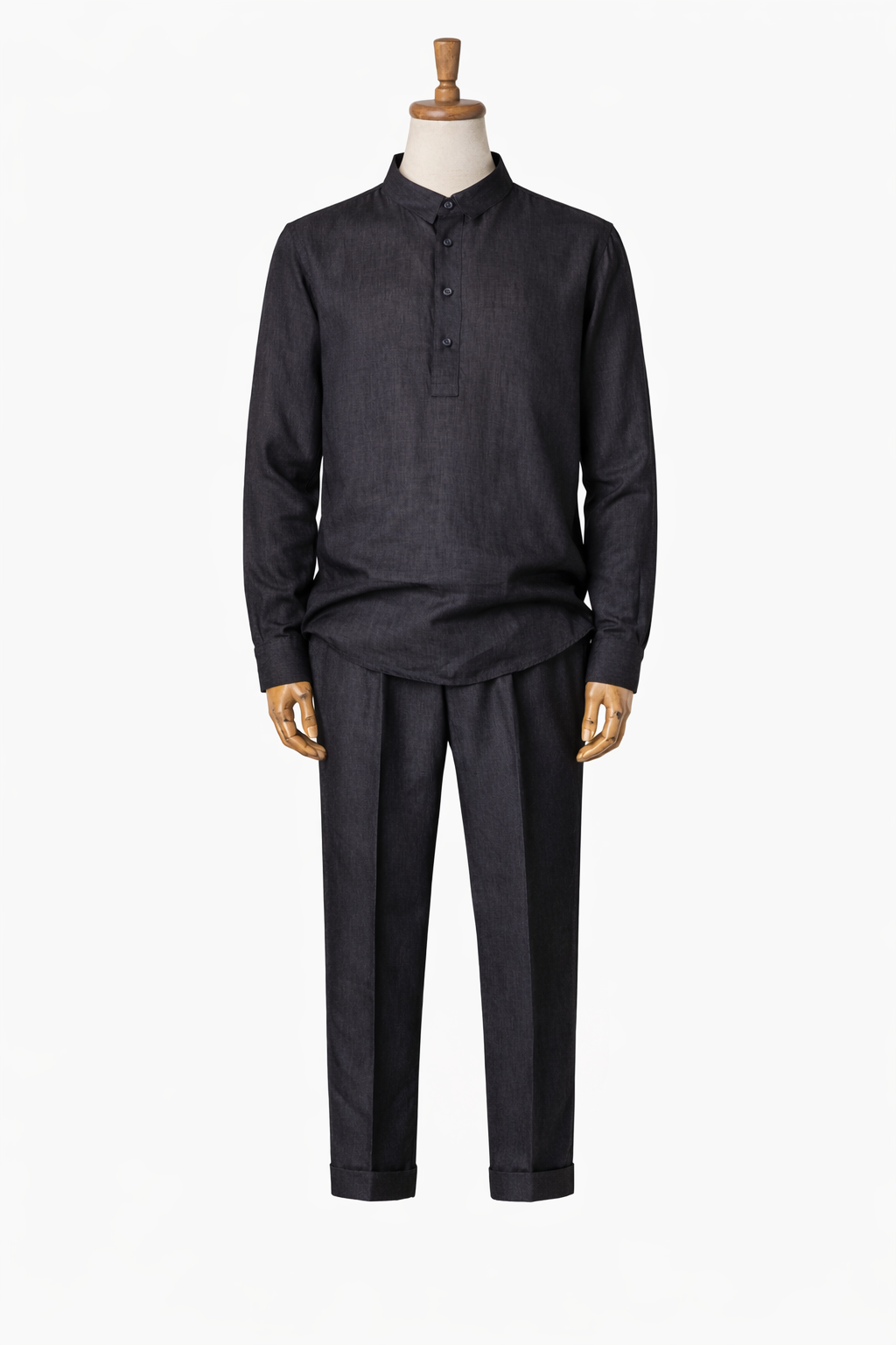 Black Linen Half-Placket Shirt