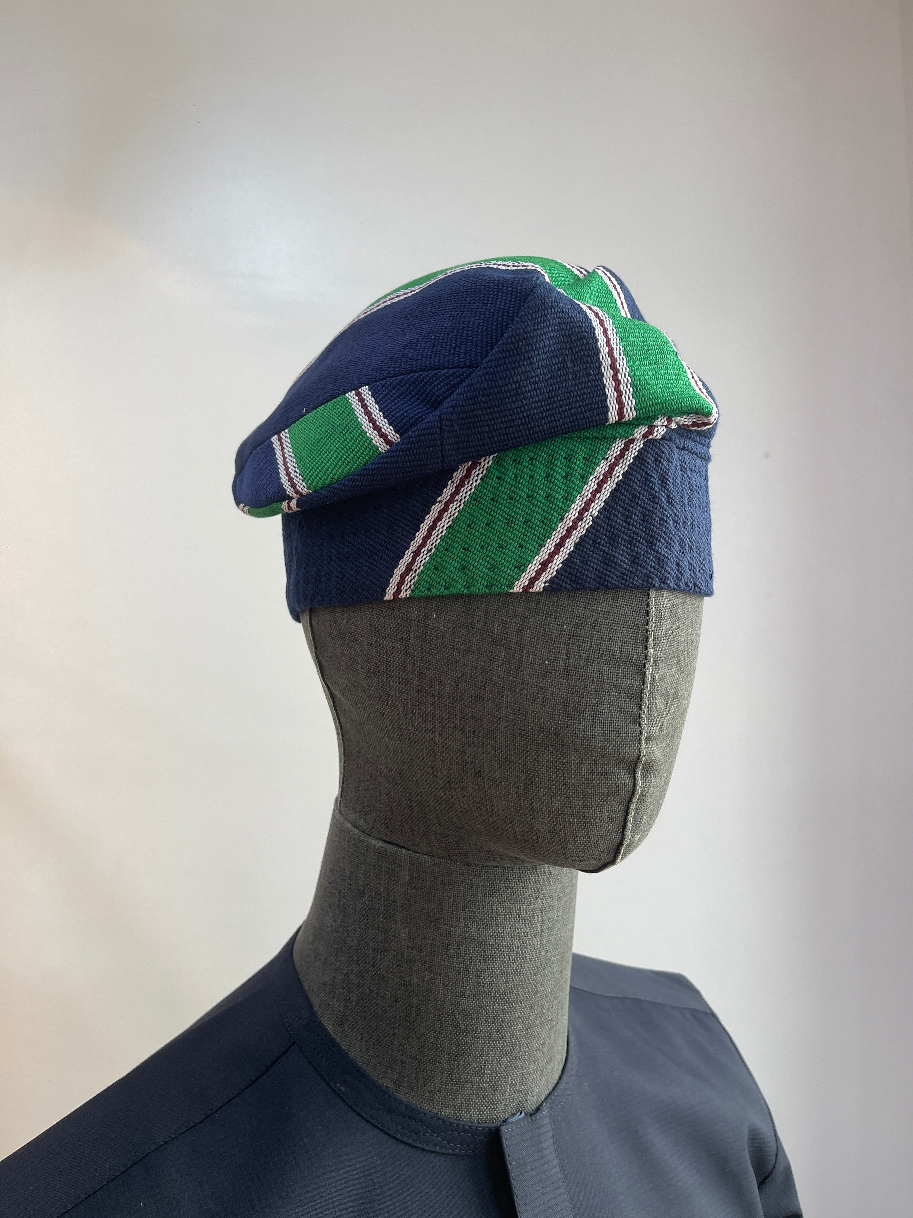 Navy & Green Stripe Aso-Oke Yoruba Cap