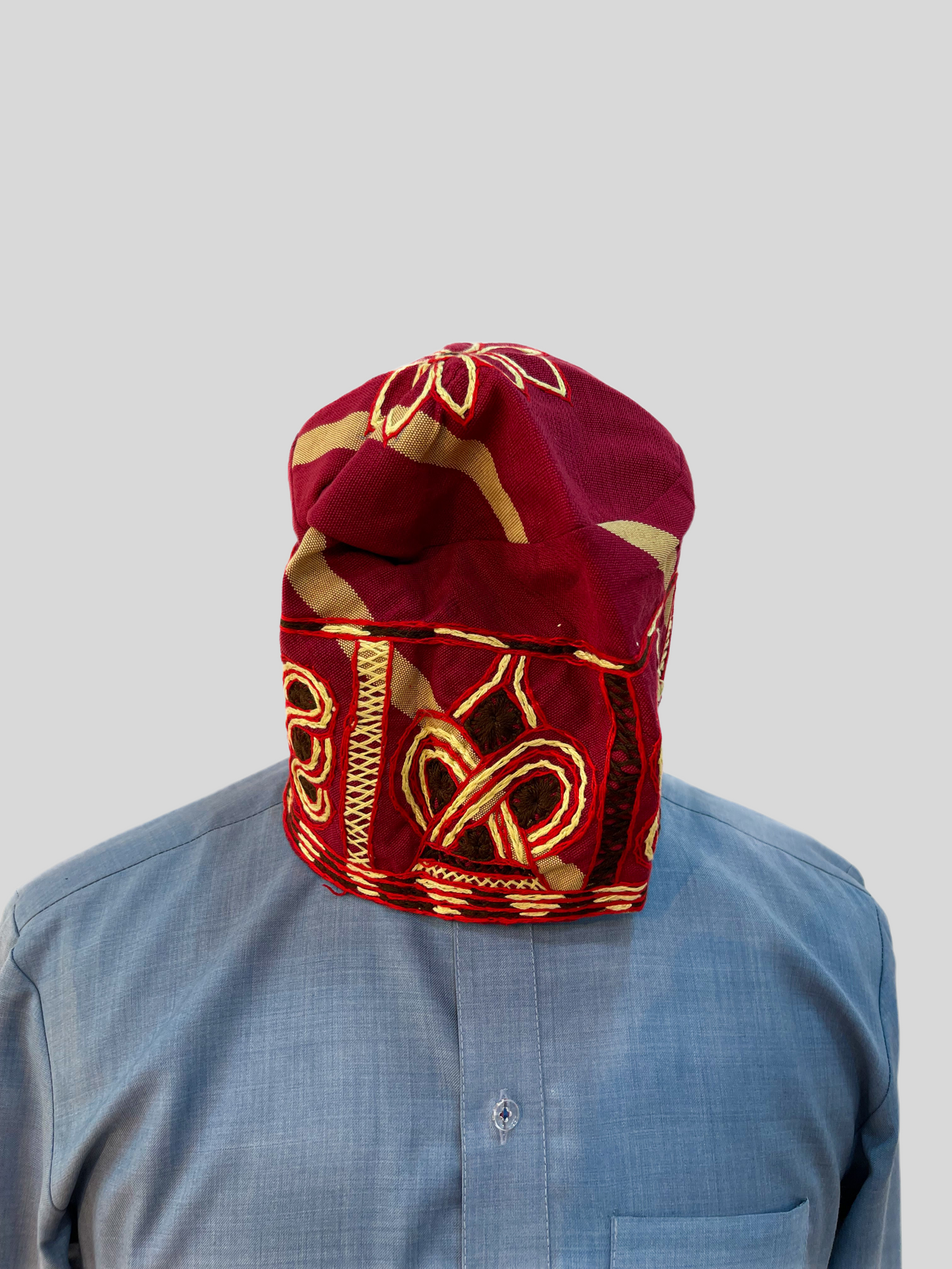 Red and butter color mens embroidery aso oke cap