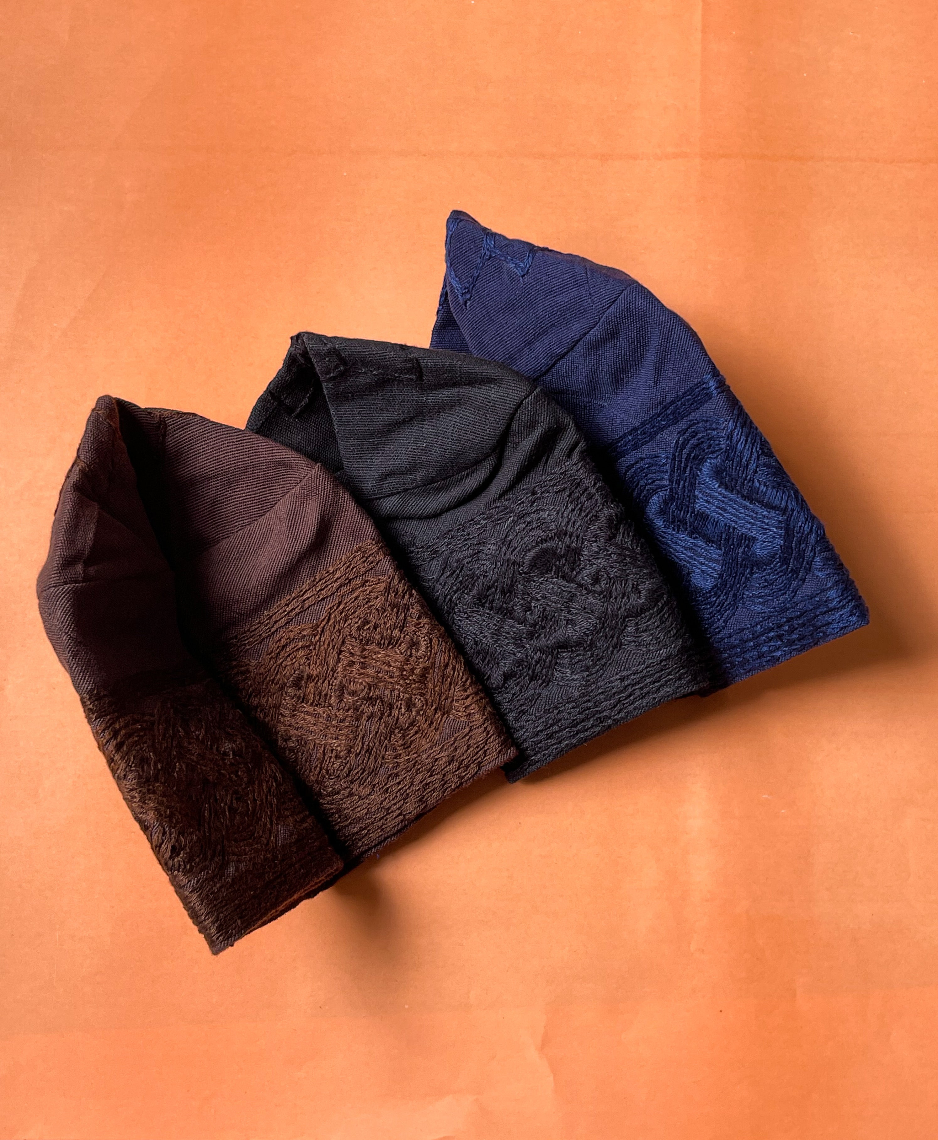 3 colors of handknit embroidery aso ofi caps