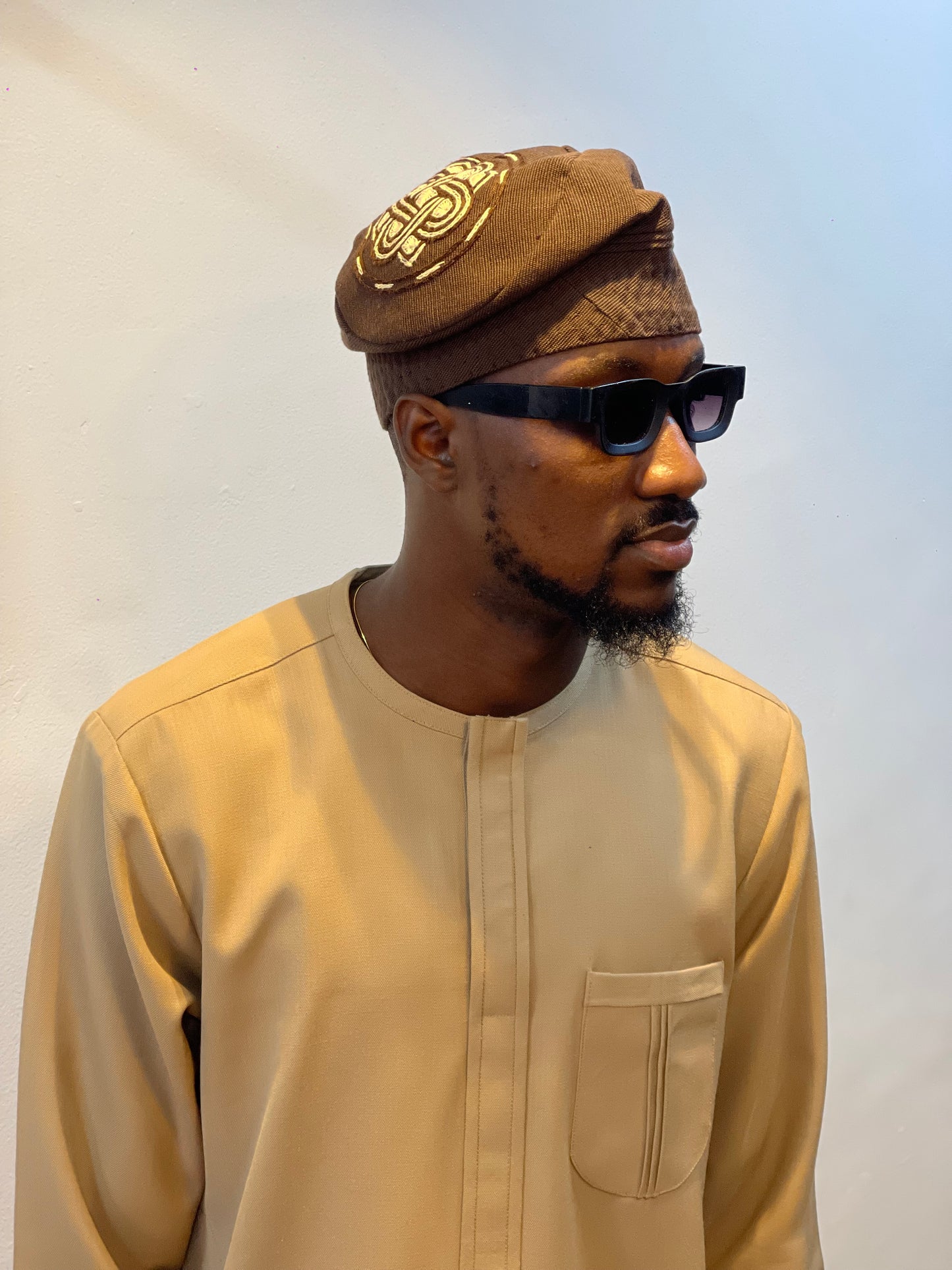Orí Adé Signature Brown Yoruba Cap with Hand-Embroidered Heritage Knot