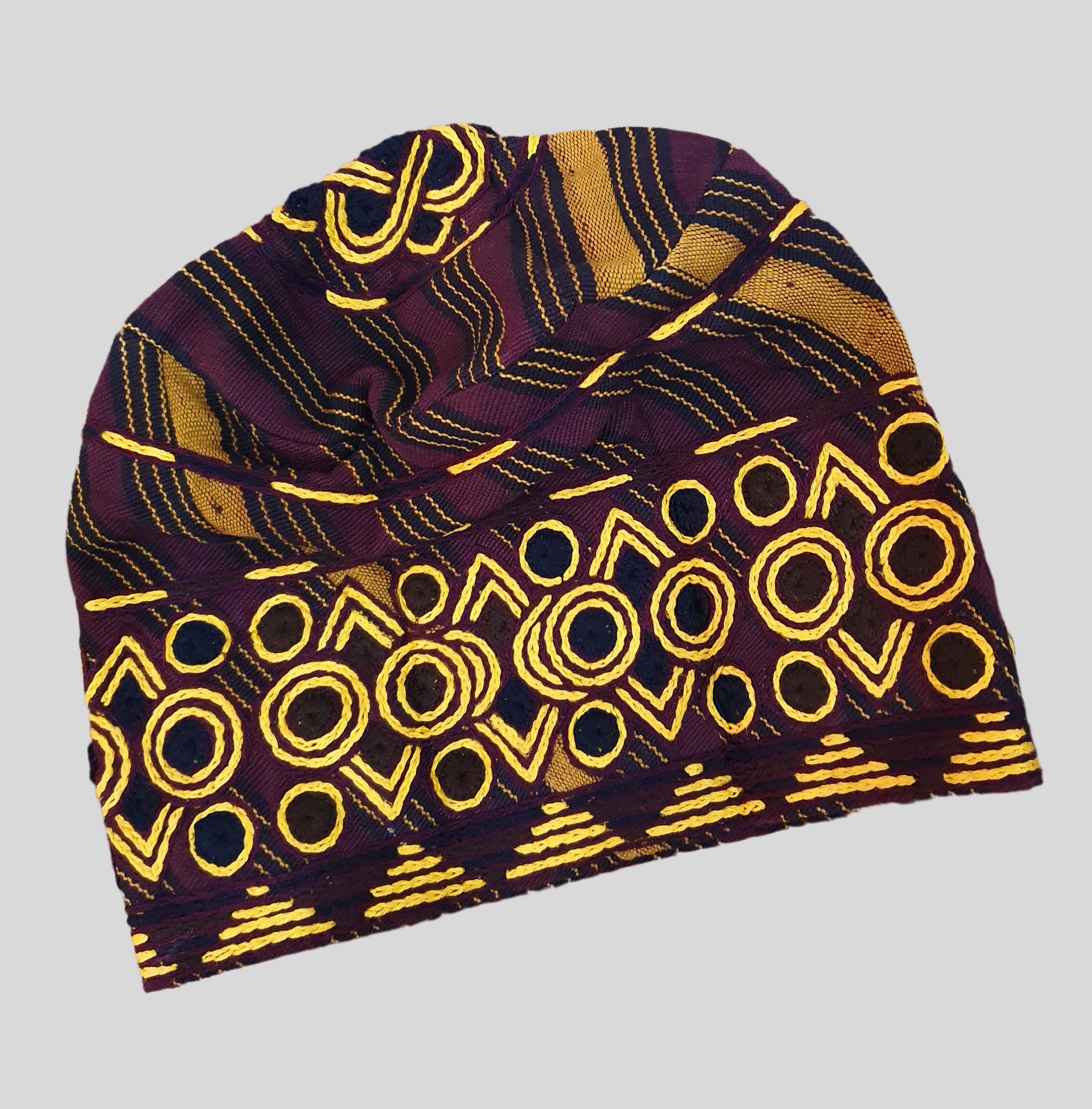 Dark wine and sunflower yellow Yoruba Aso Oke Cap