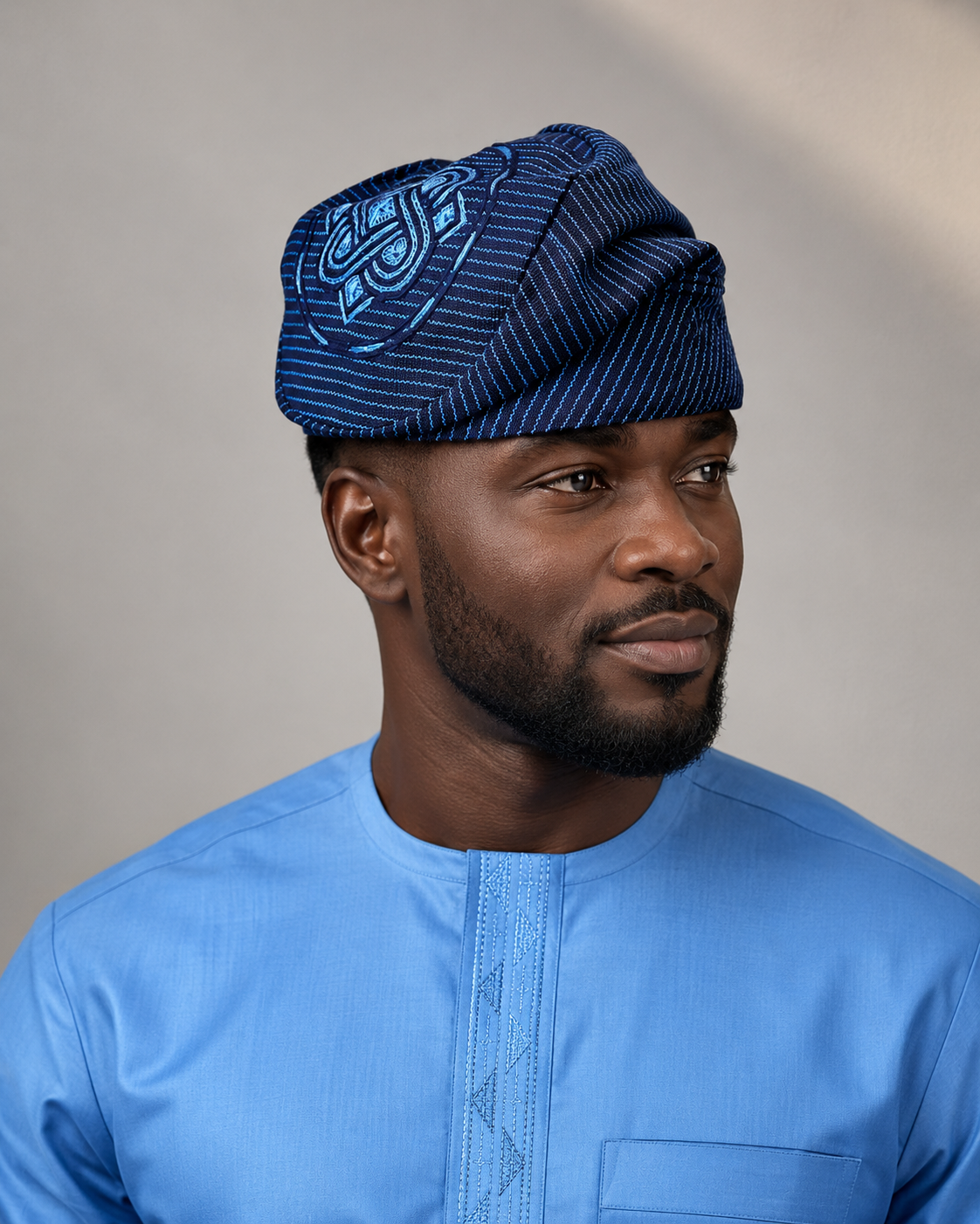 Blue Embroidered Aso-Oke Yoruba Cap