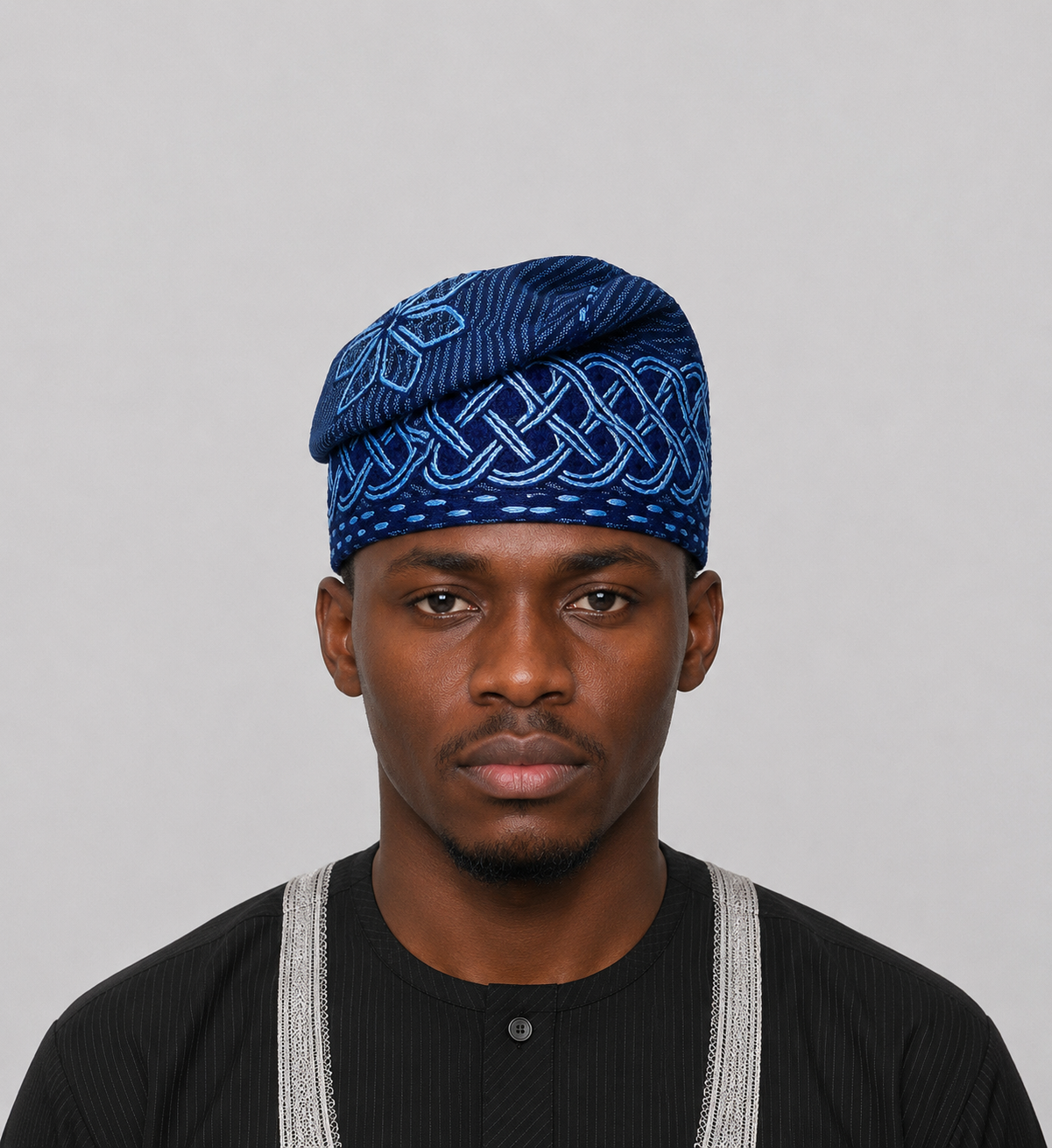 Blue with light blue embroidery yoruba men's aso oke hat