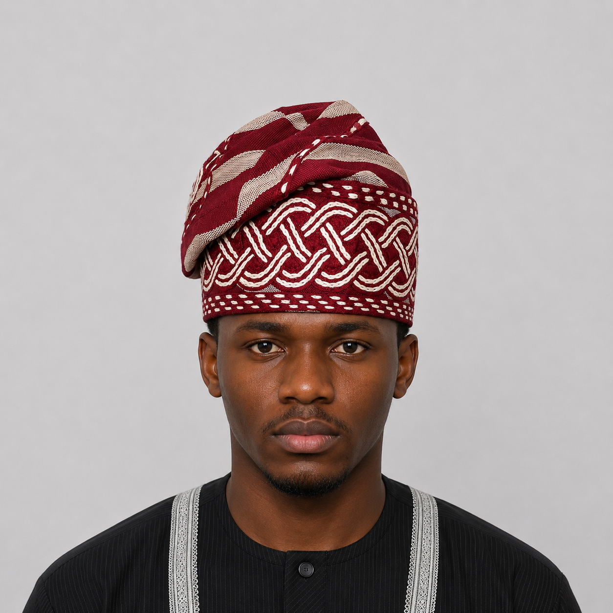 Red and cream stripes Nigerian men yoruba cap with embroidery