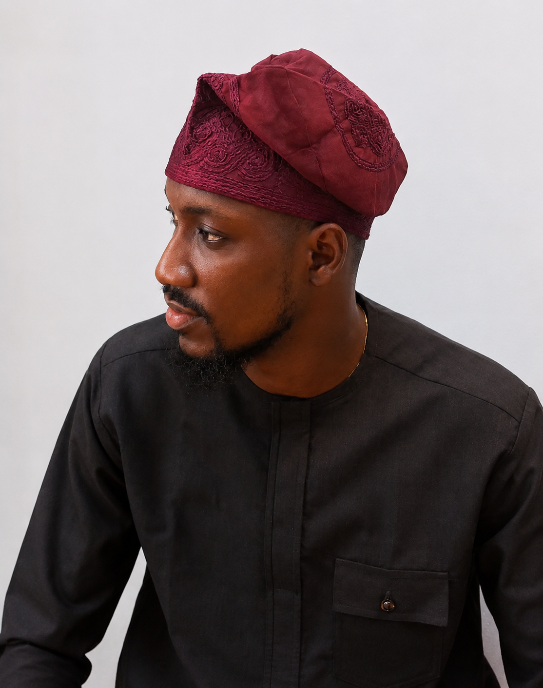 Burgundy Velvet Monotone Embroidered Yorùbá Cap