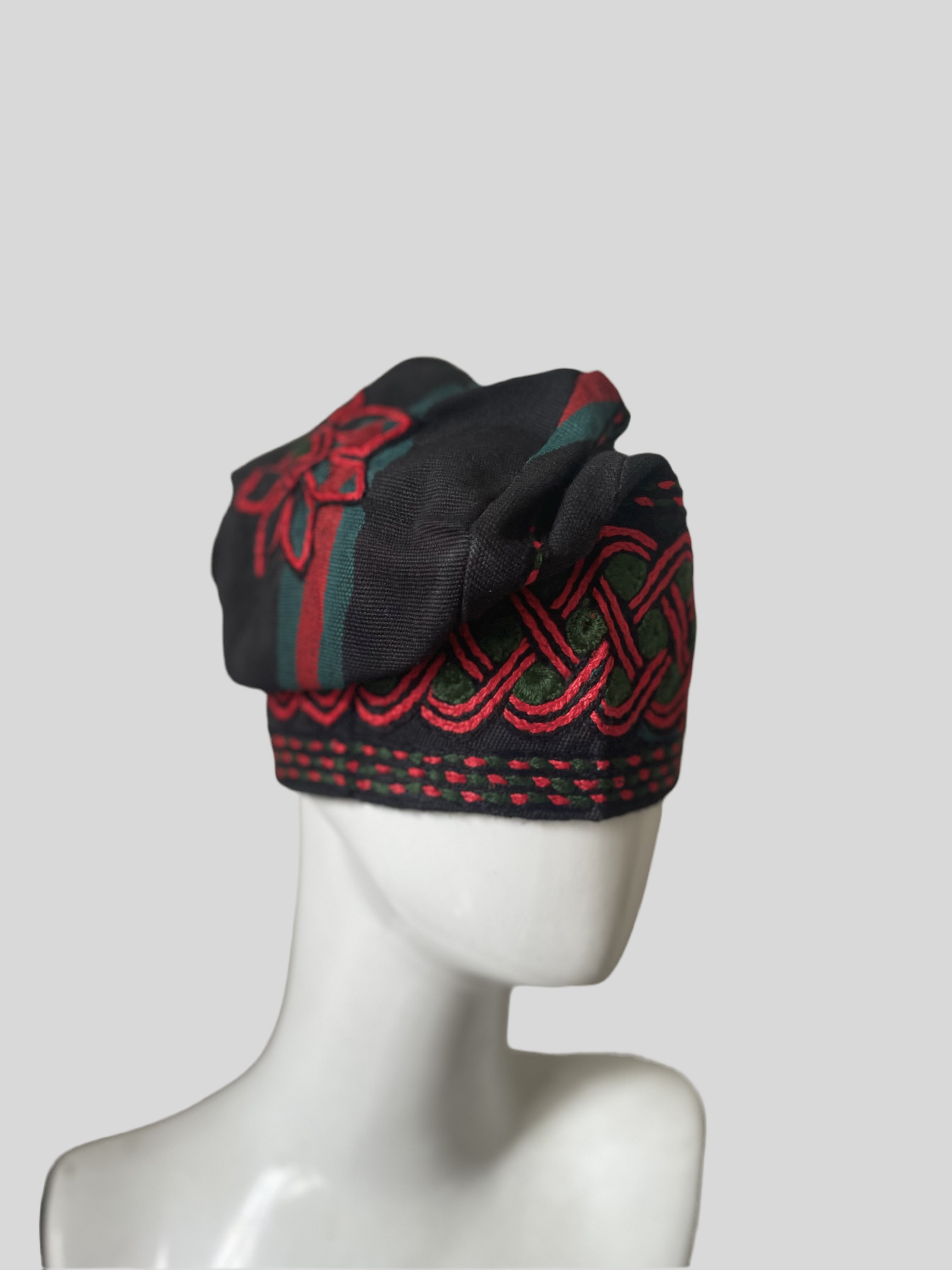 Black With Green and Red Handknit embroidered traditional yoruba cap