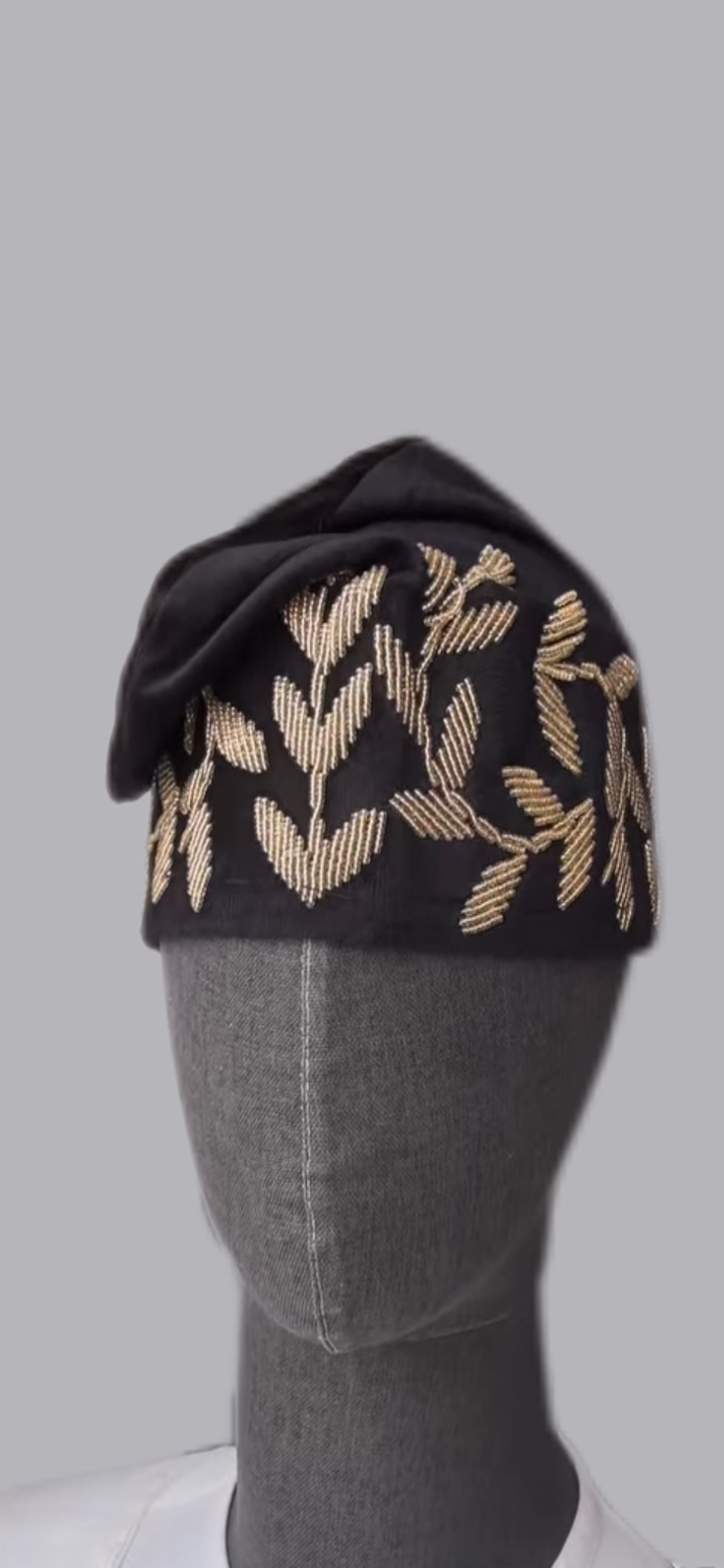 Akogun Black Velvet Yoruba Ceremonial Cap with Leafy Embroidery