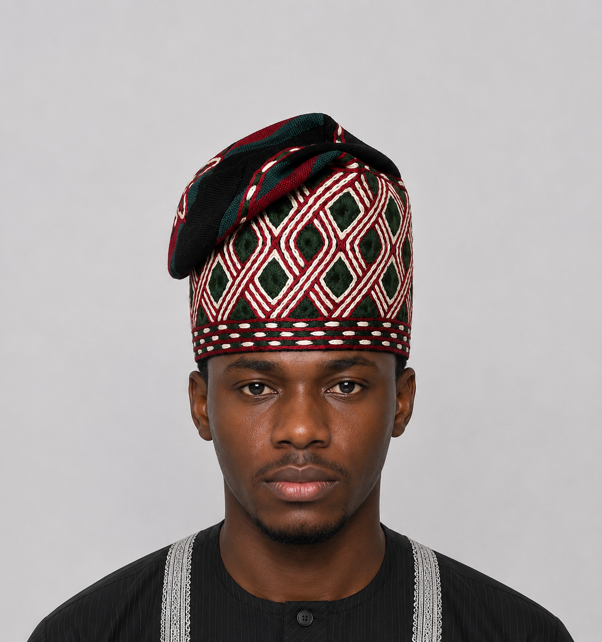 Black With Green and Red Tall Handknit embroidery traditional yoruba cap