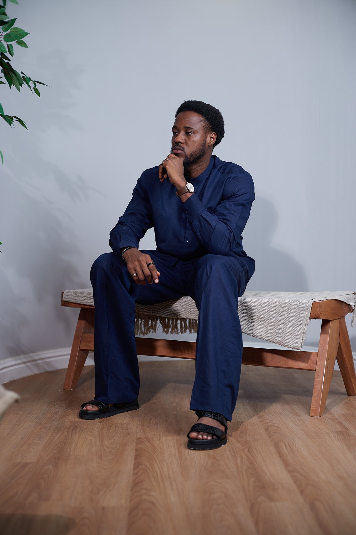 Orí Adé Navy Blue Linen Set – Mandarin Shirt & Drawstring Trousers