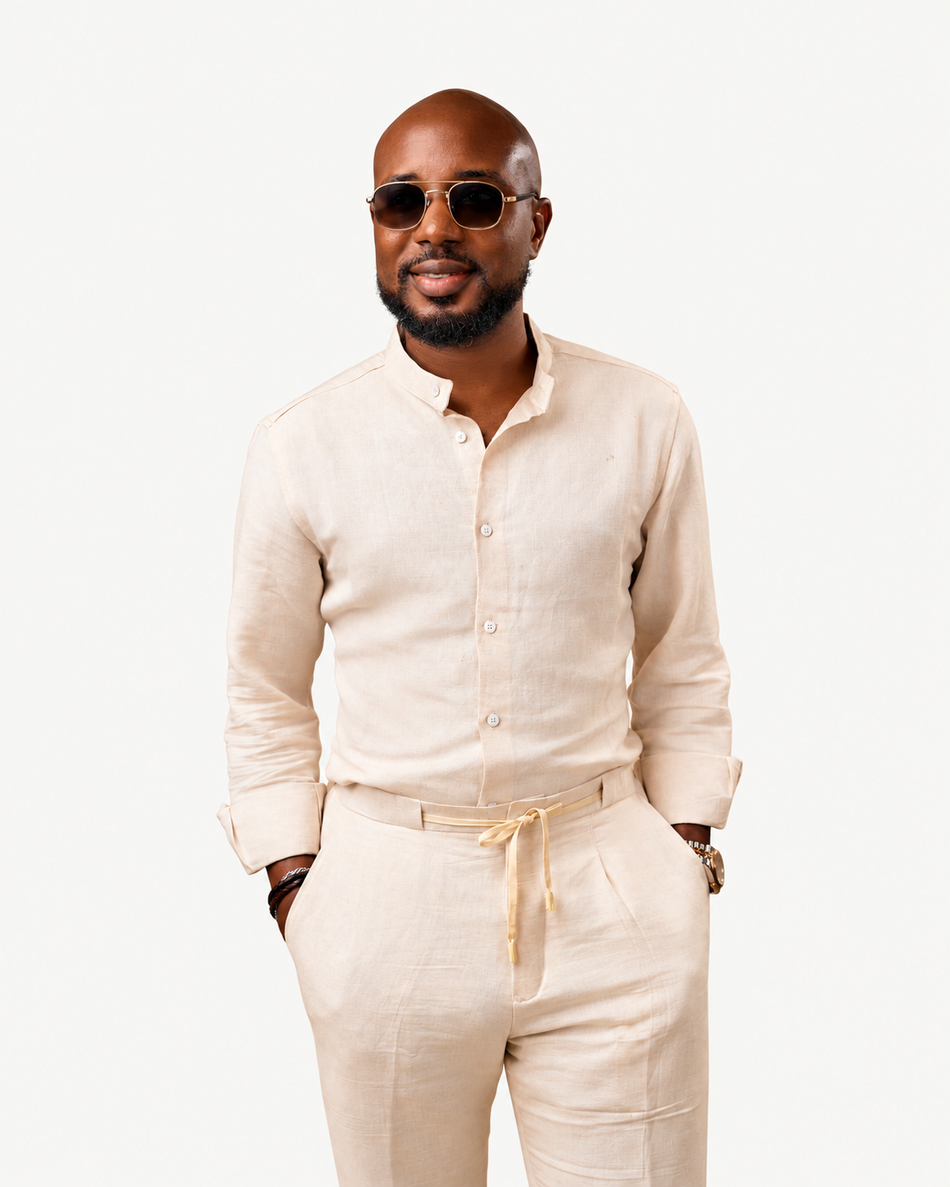 Orí Adé Beige Linen Set – Mandarin Shirt & Drawstring Trousers — studio product photograph