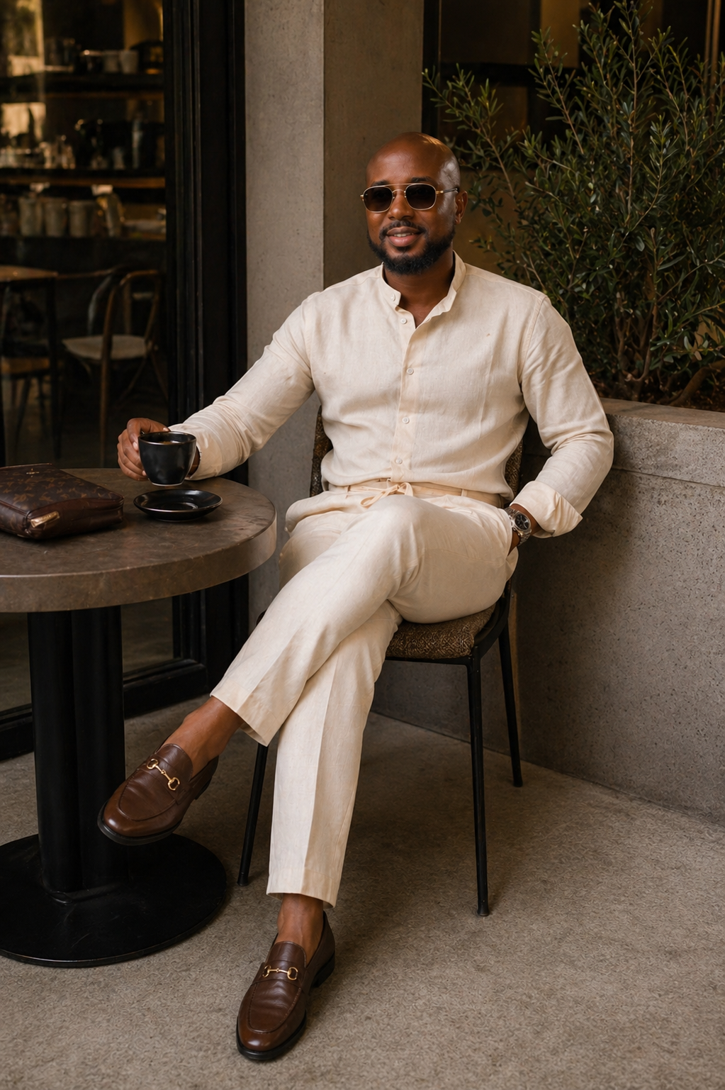 Beige Linen Set - Mandarin Shirt & Drawstring pant