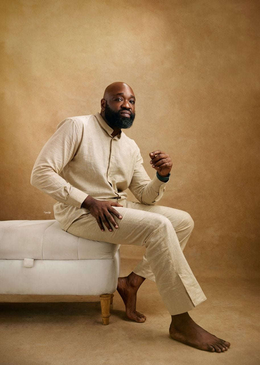 Beige Linen Bishop Collar Long sleeve Shirt