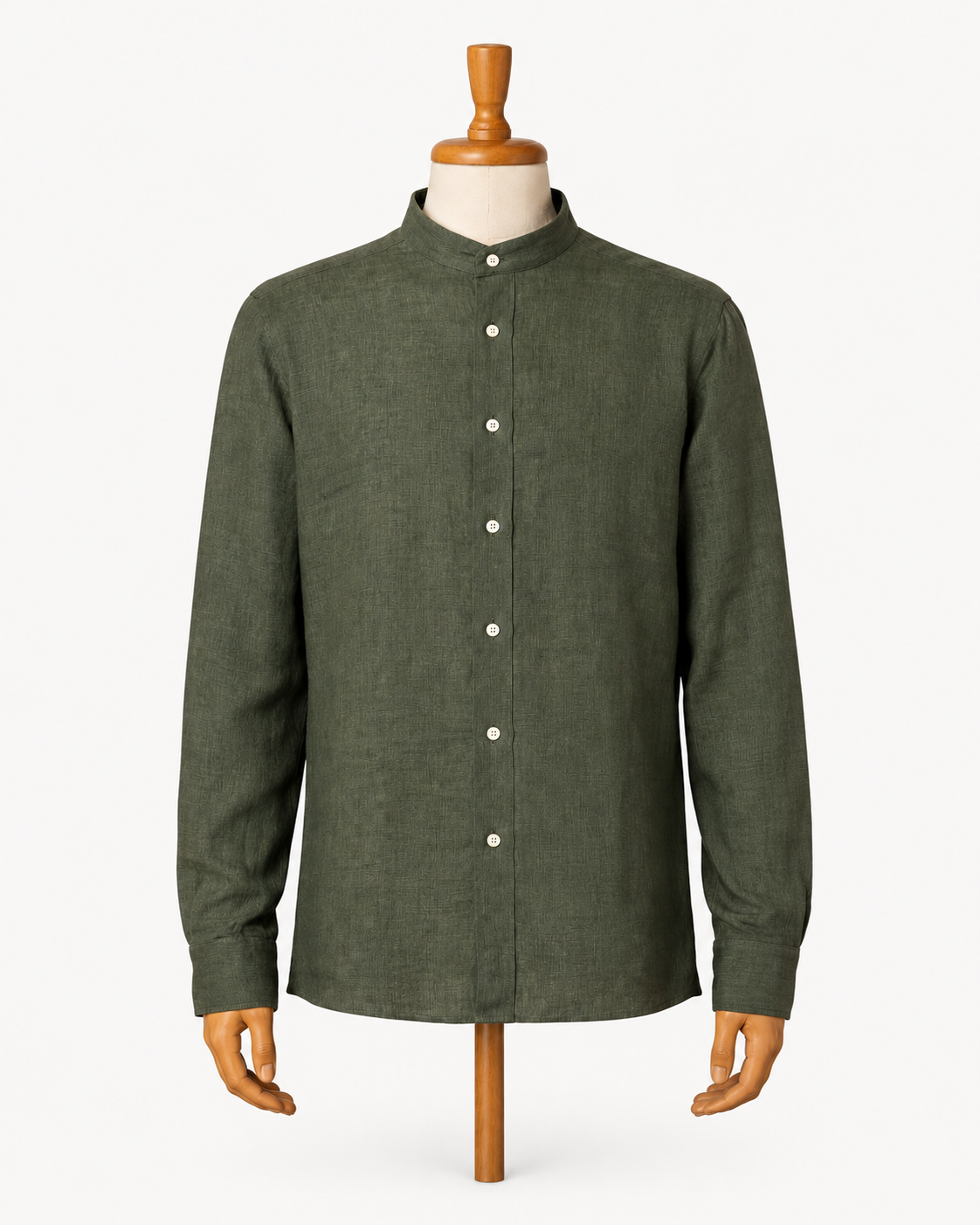 Orí Adé Olive Green Linen Grandad Shirt — studio product photograph