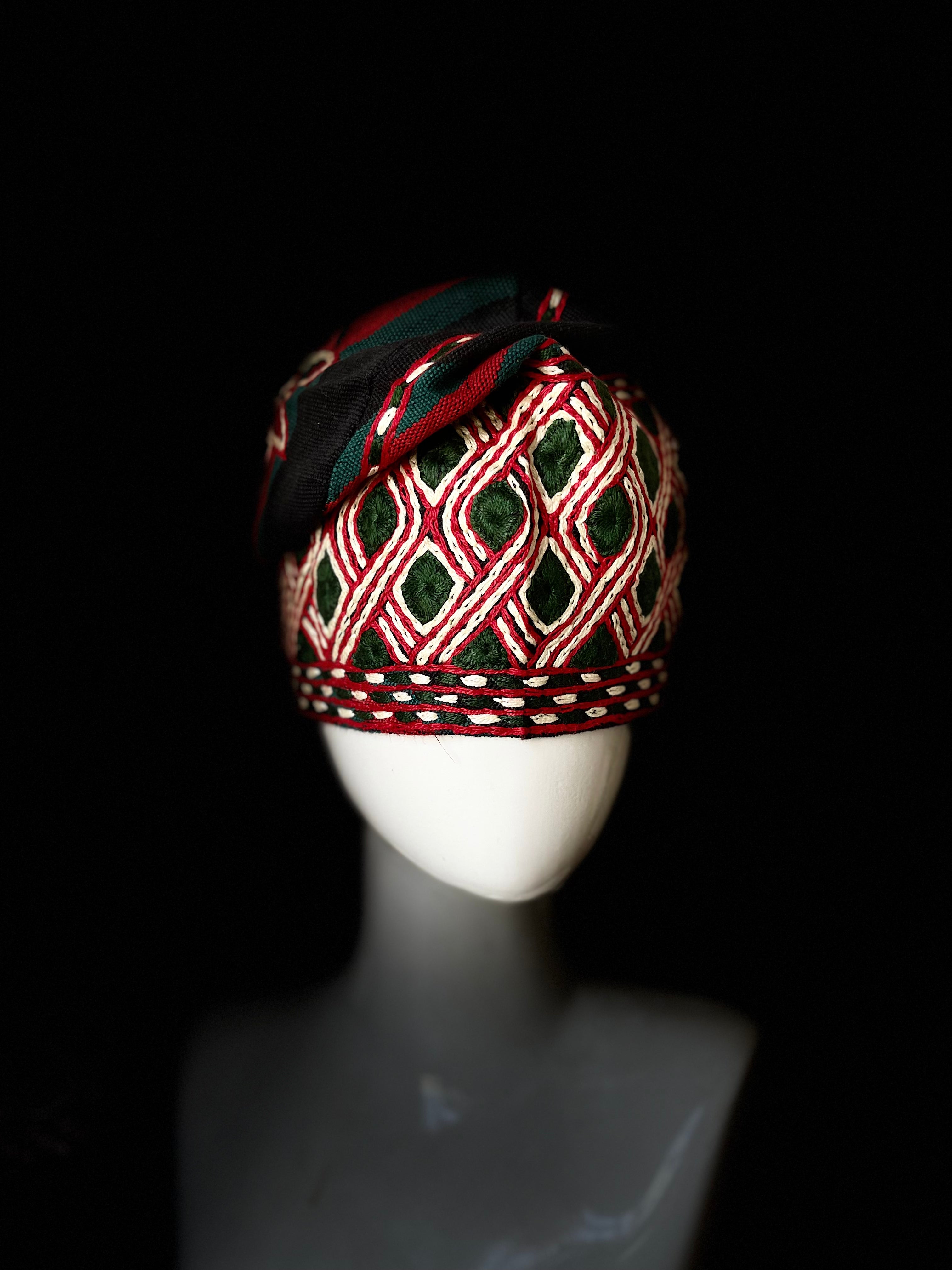 Black With Green and Red Handknit embroidered traditional yoruba cap
