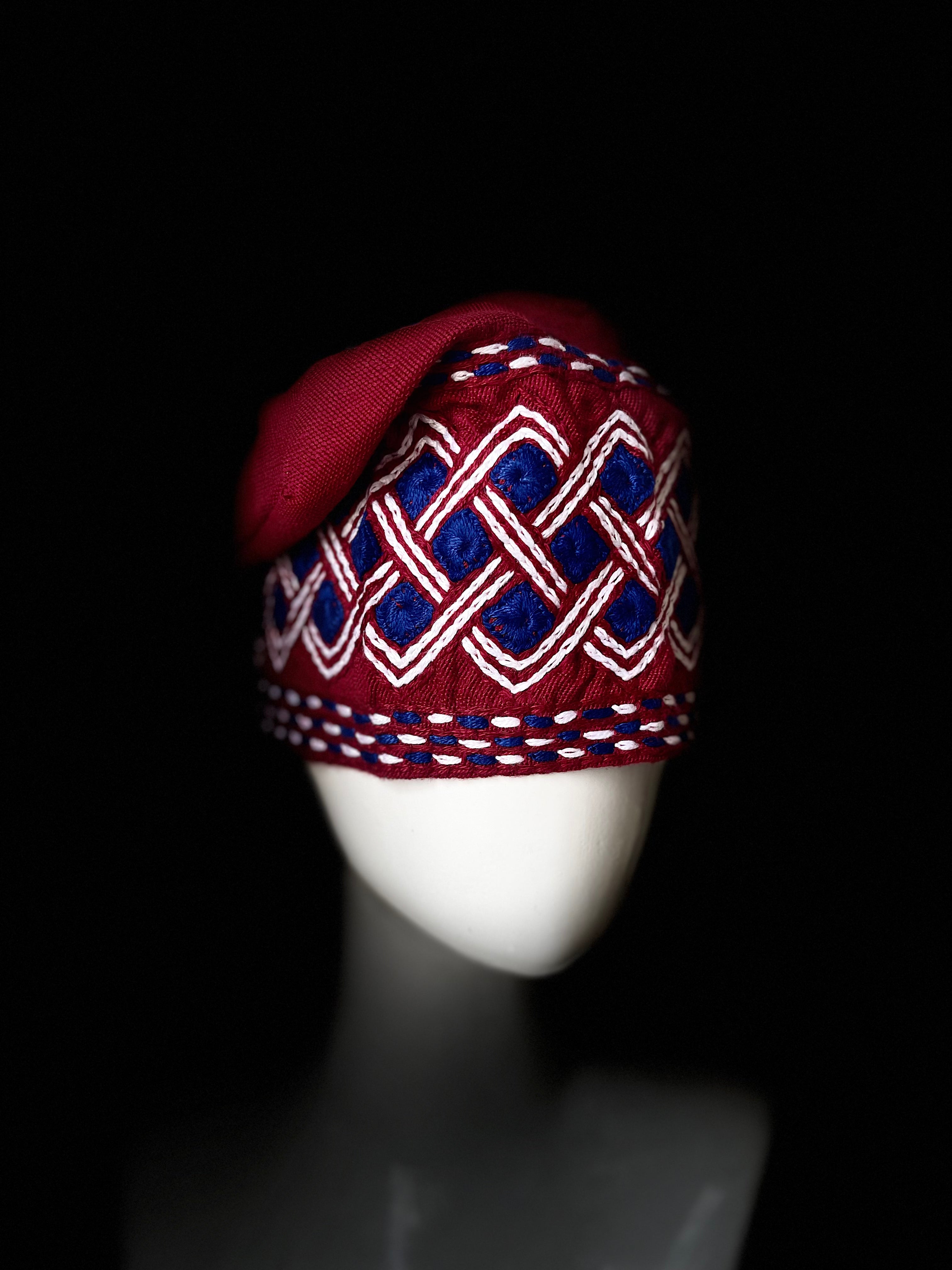 Red, white and blue yoruba men's embroidery aso oke hat