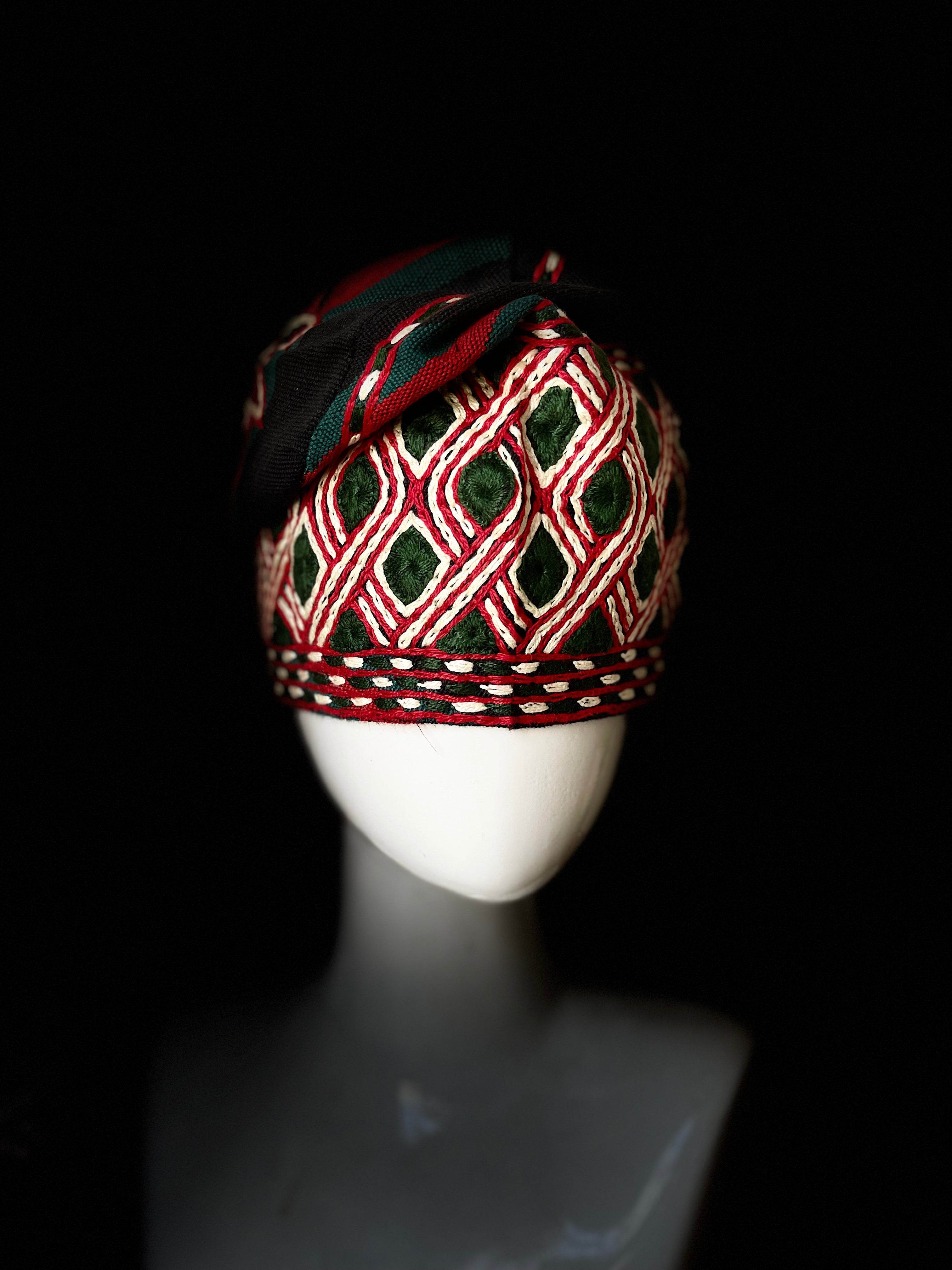 Black With Green and Red Handknit embroidered traditional yoruba cap