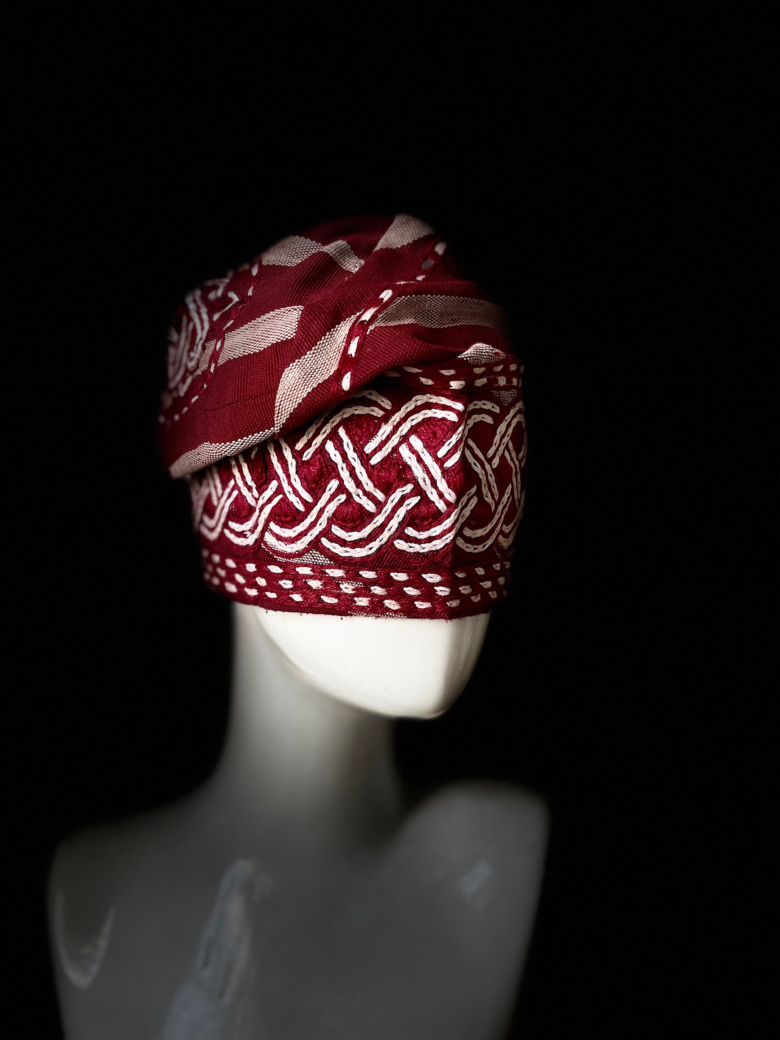 Red and cream stripes Nigerian men yoruba cap with embroidery