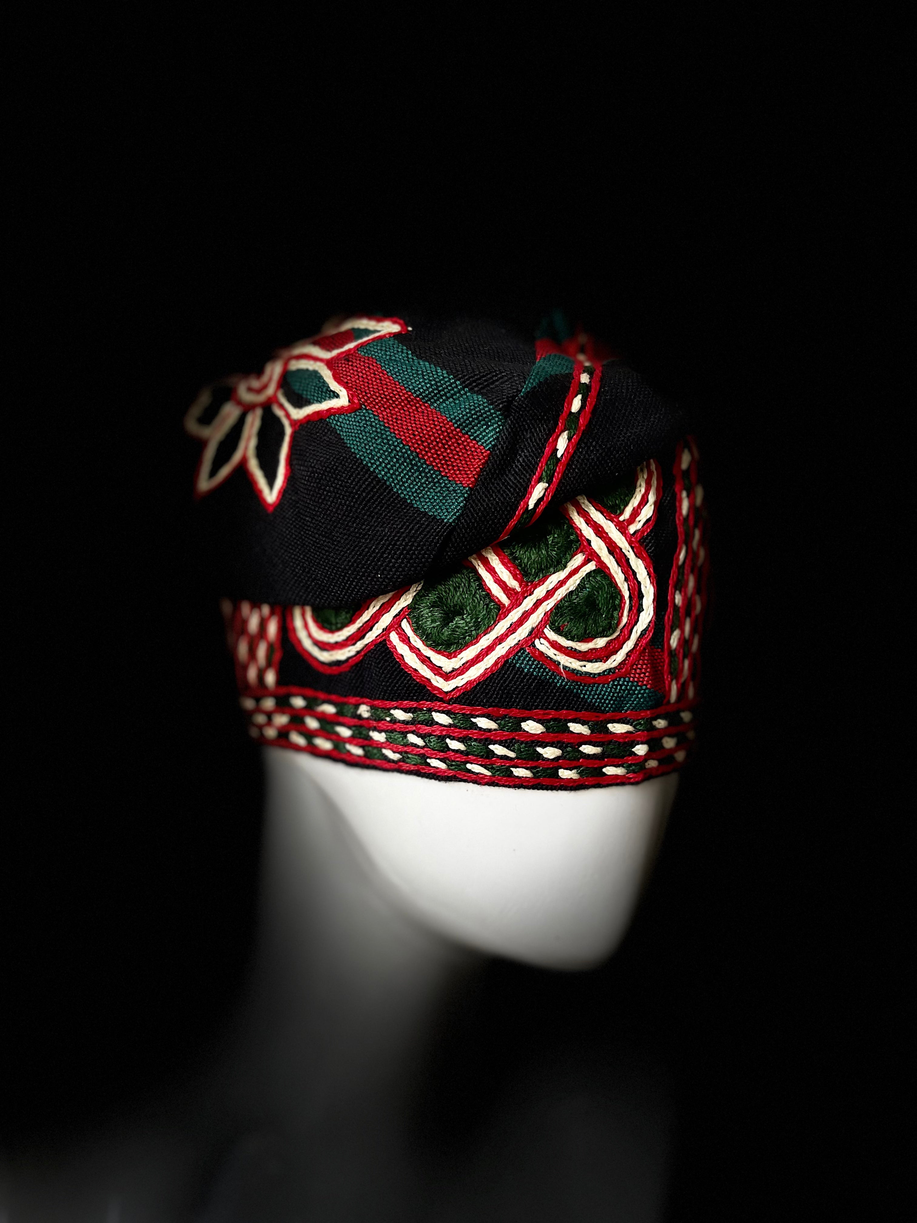 Black With Green and Red Handknit embroidered traditional yoruba cap