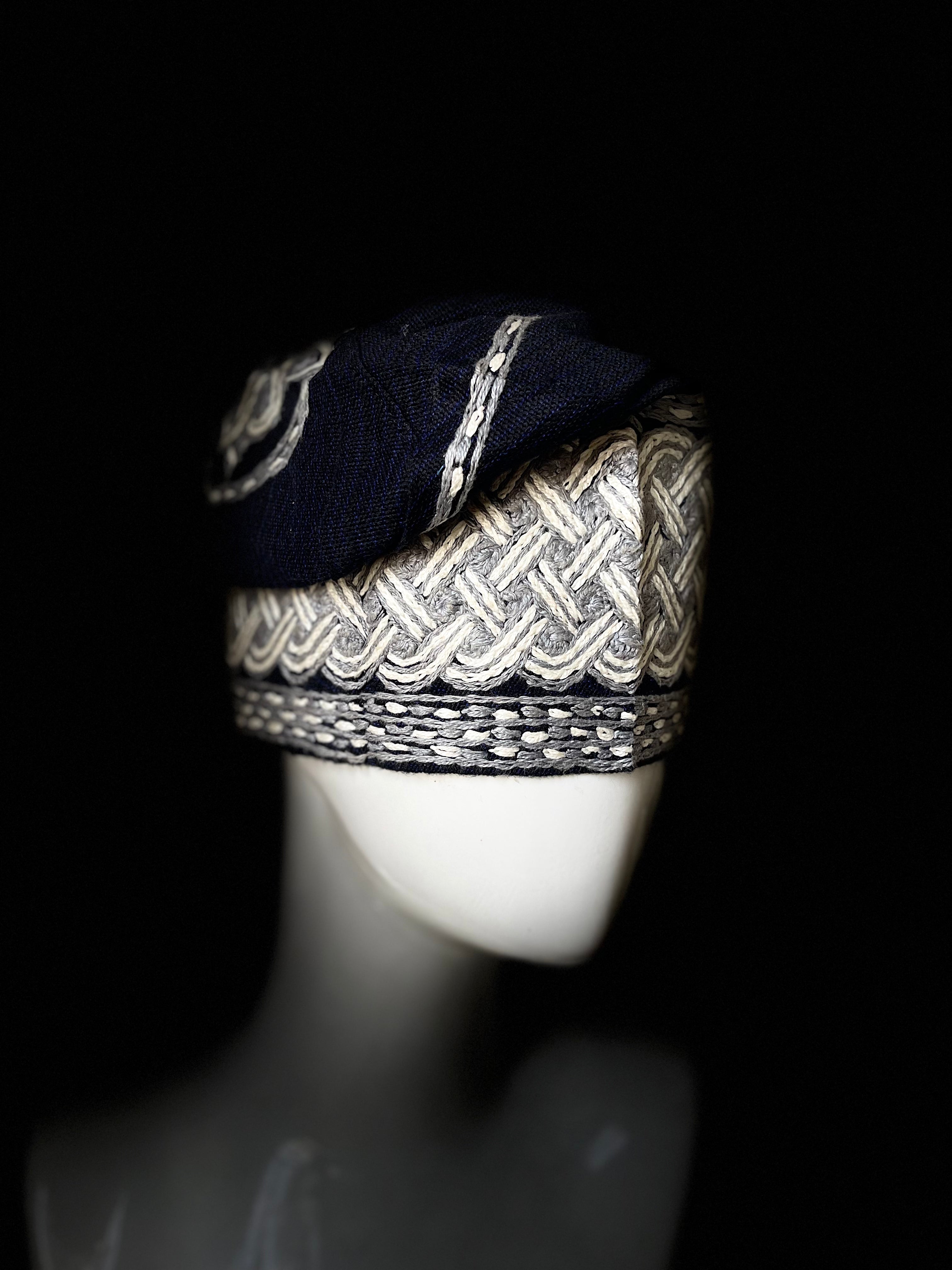 Black and ash yoruba men's embroidery aso oke hat