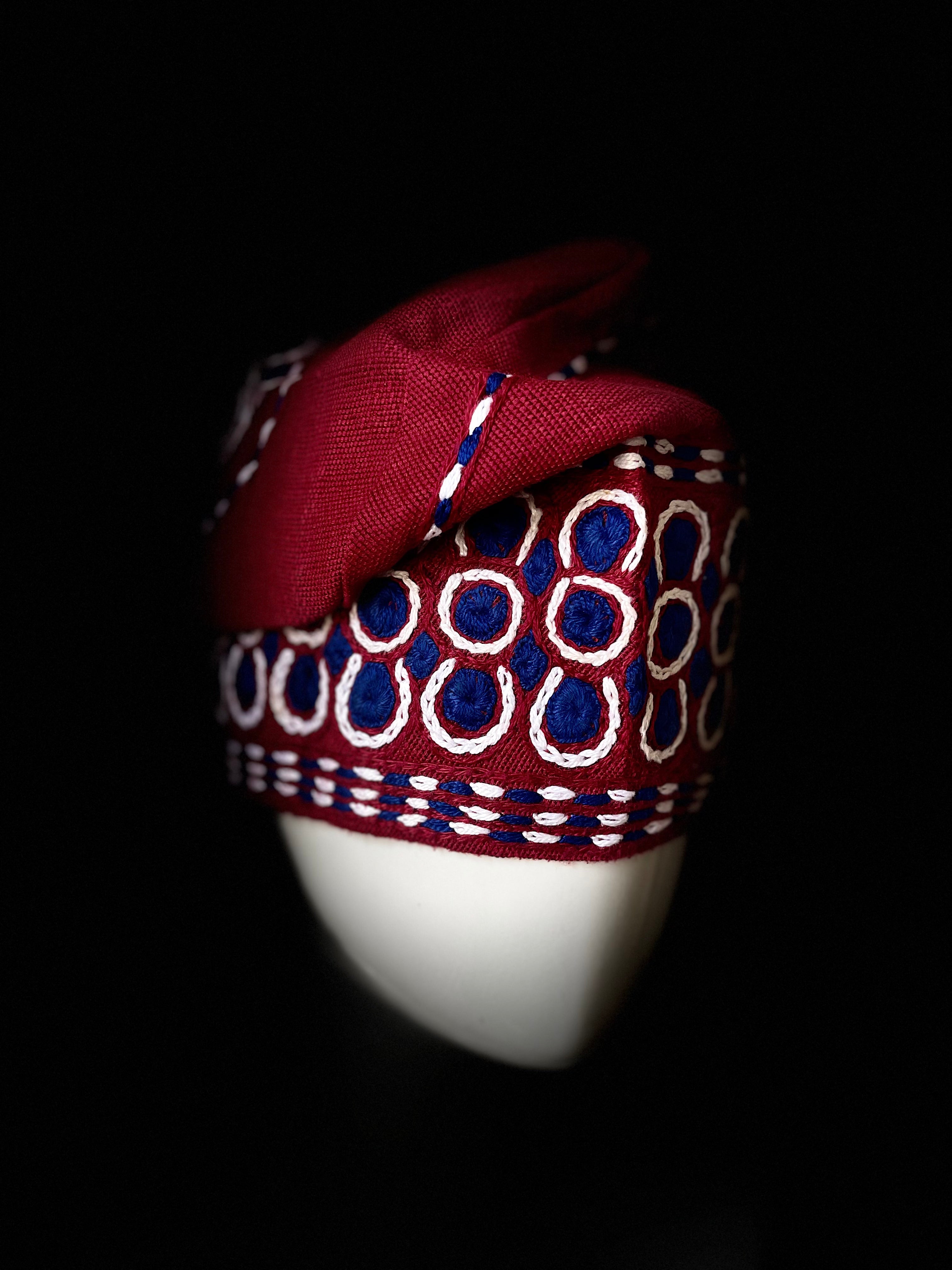 Red and blue yoruba men's embroidery aso oke hat