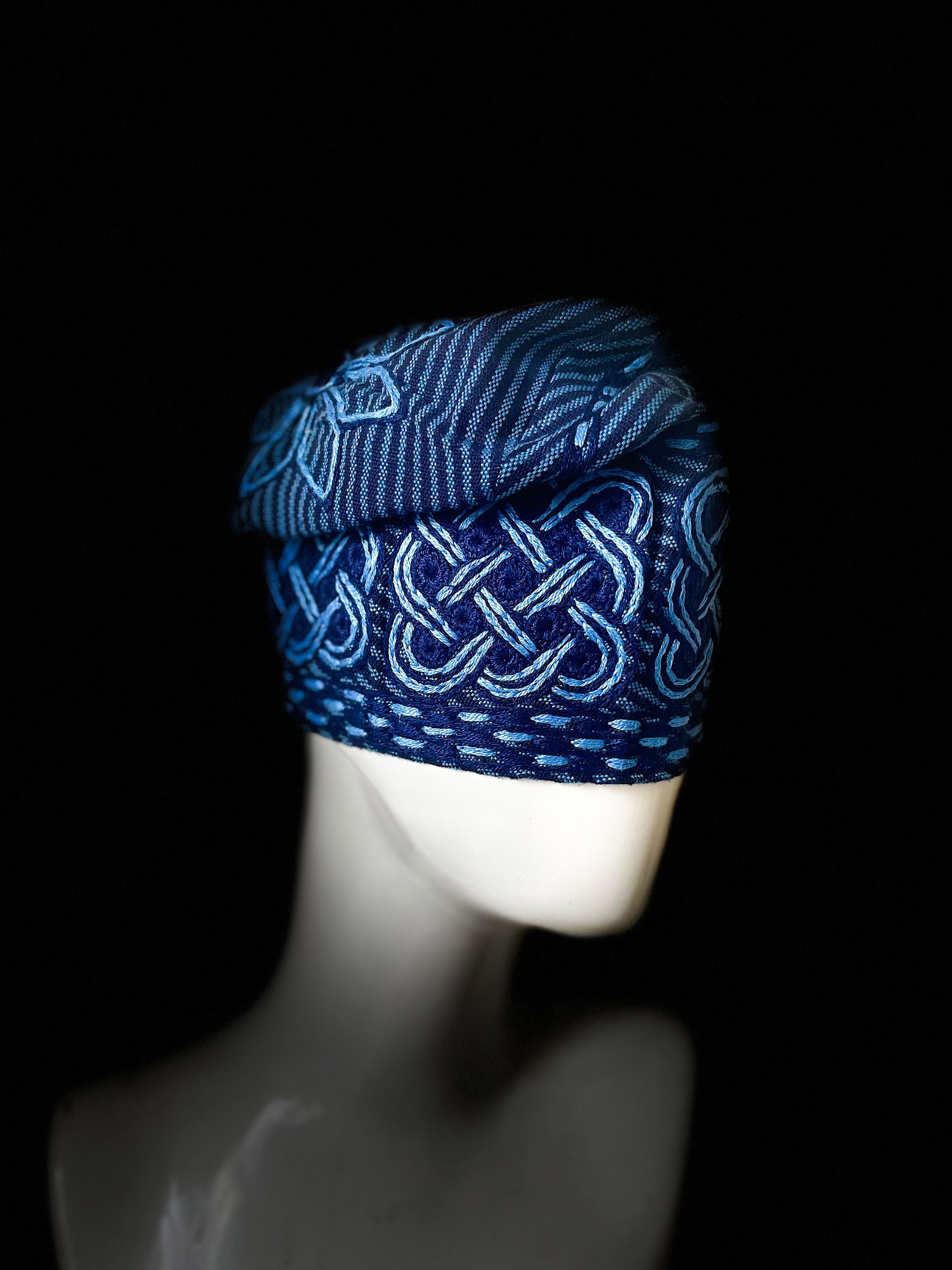 Blue yoruba men's embroidery aso oke hat