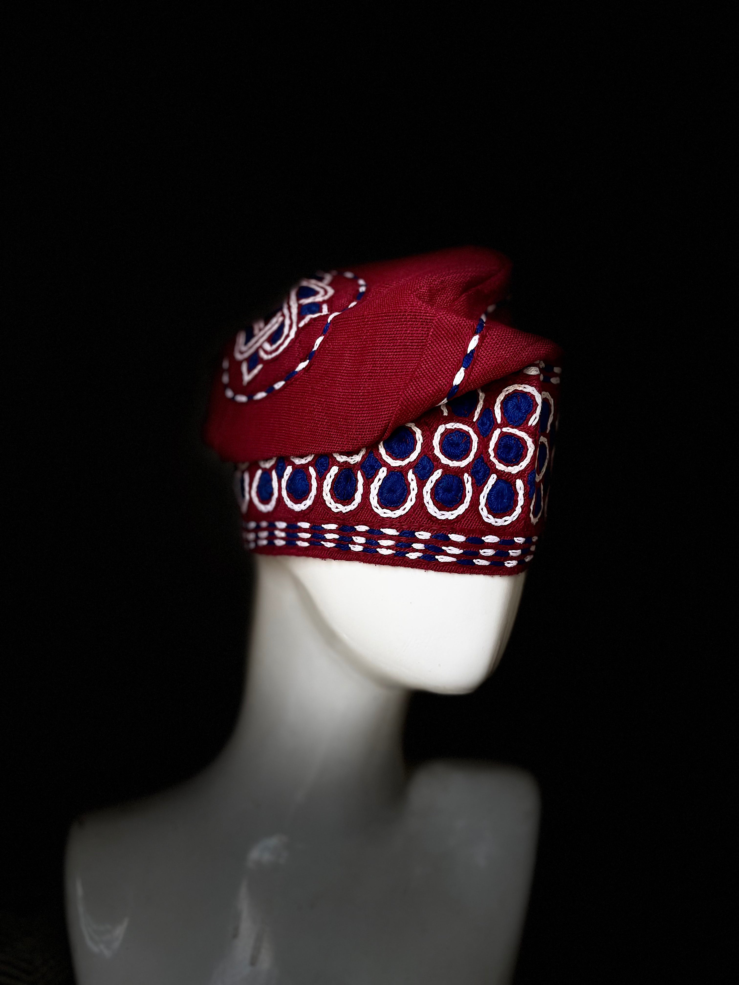 Red and blue yoruba men's embroidery aso oke hat