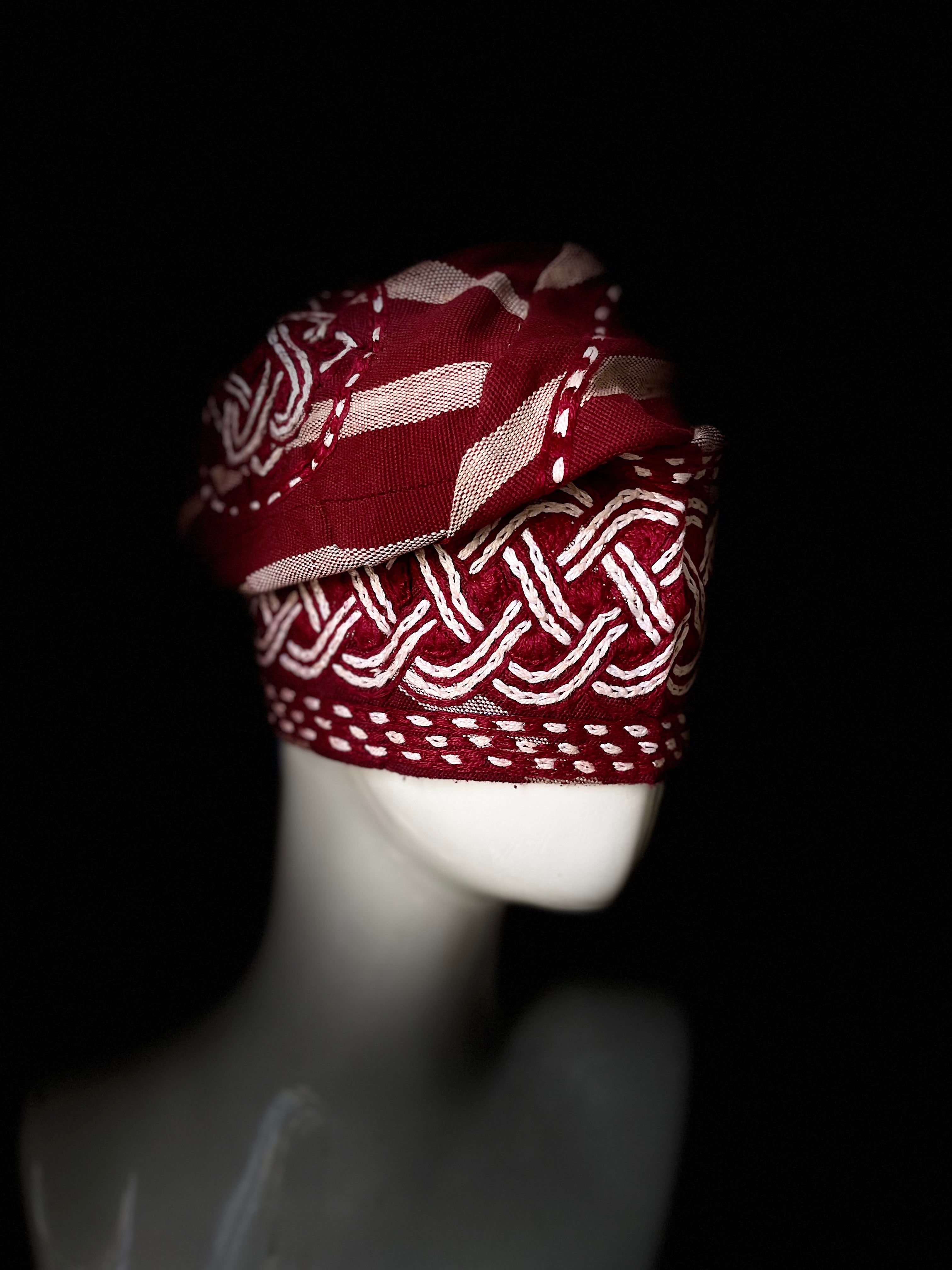 Red and cream stripes Nigerian men yoruba cap with embroidery