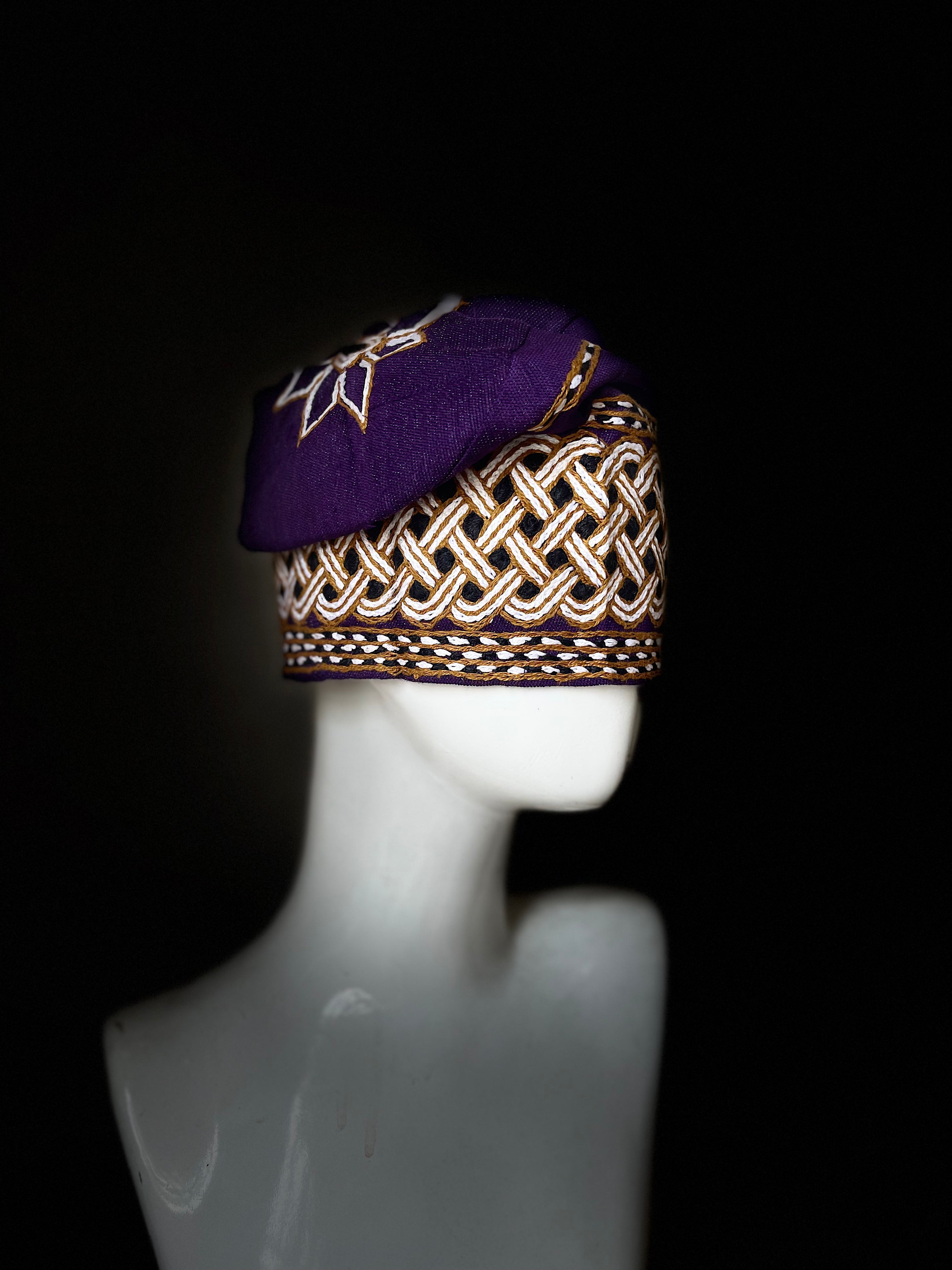 Purple yoruba men's embroidery aso oke hat
