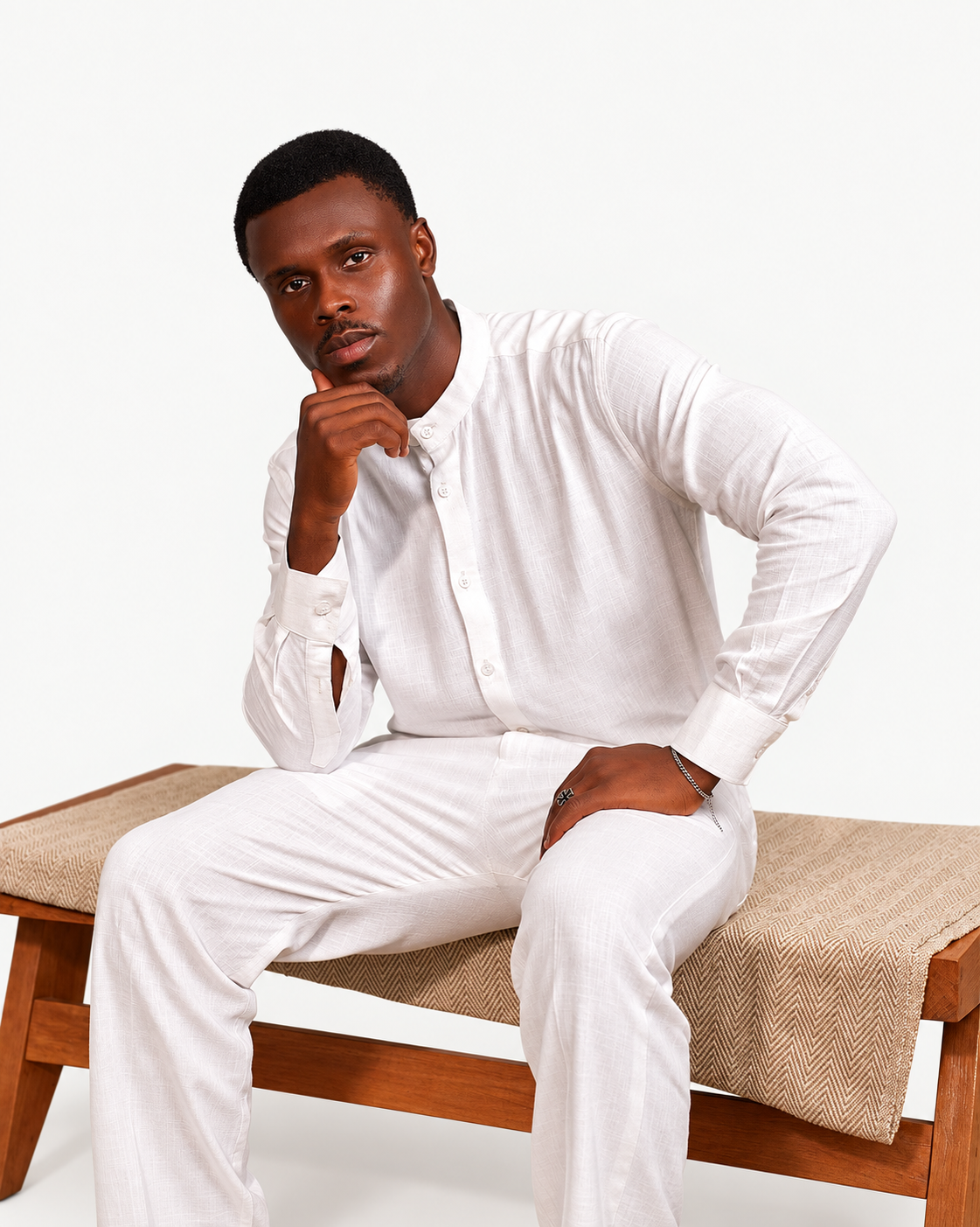 Orí Adé White Linen Set — Mandarin Shirt & Drawstring Trousers — studio product photograph
