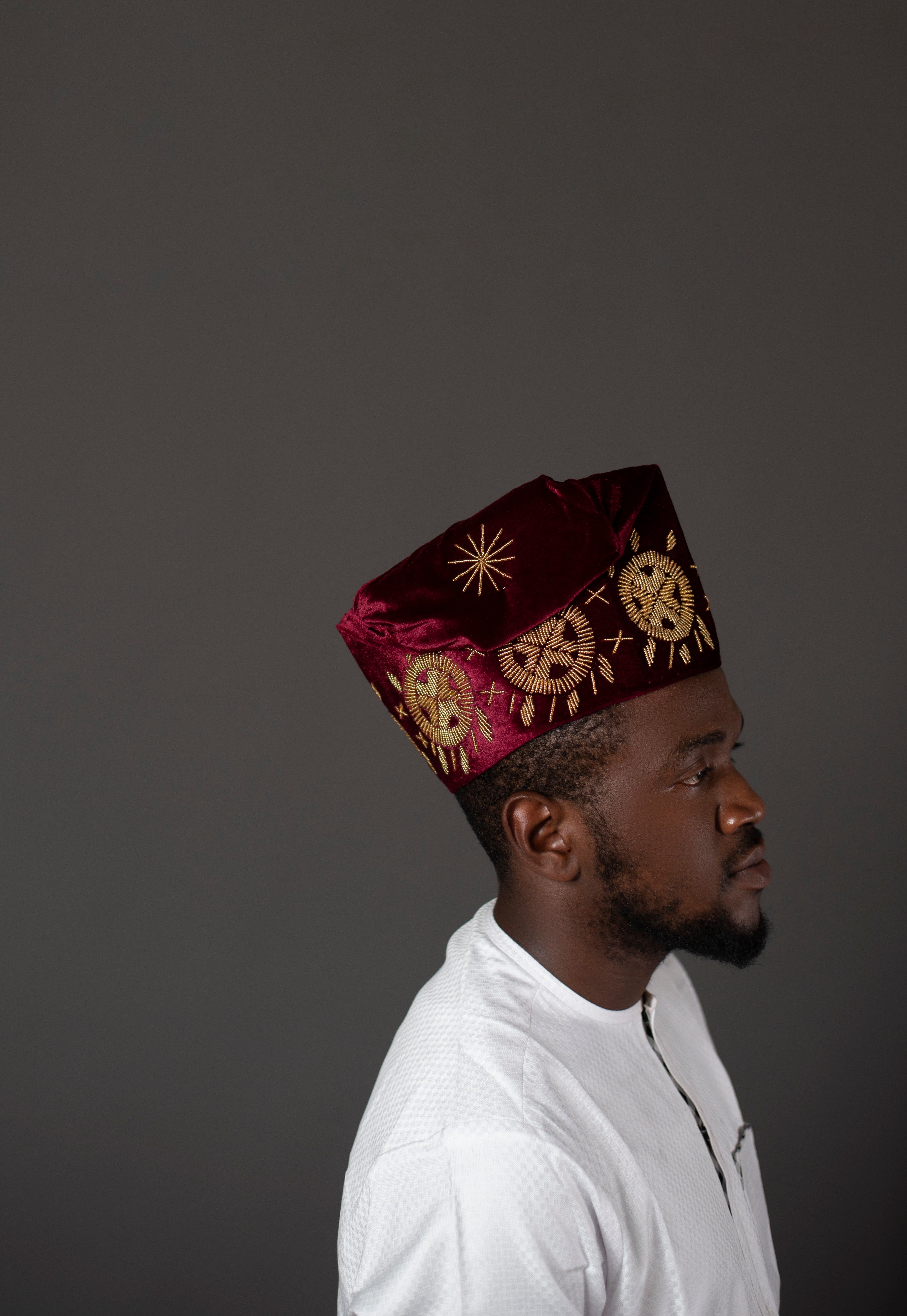 Maroon and gold Royal beaded African hat