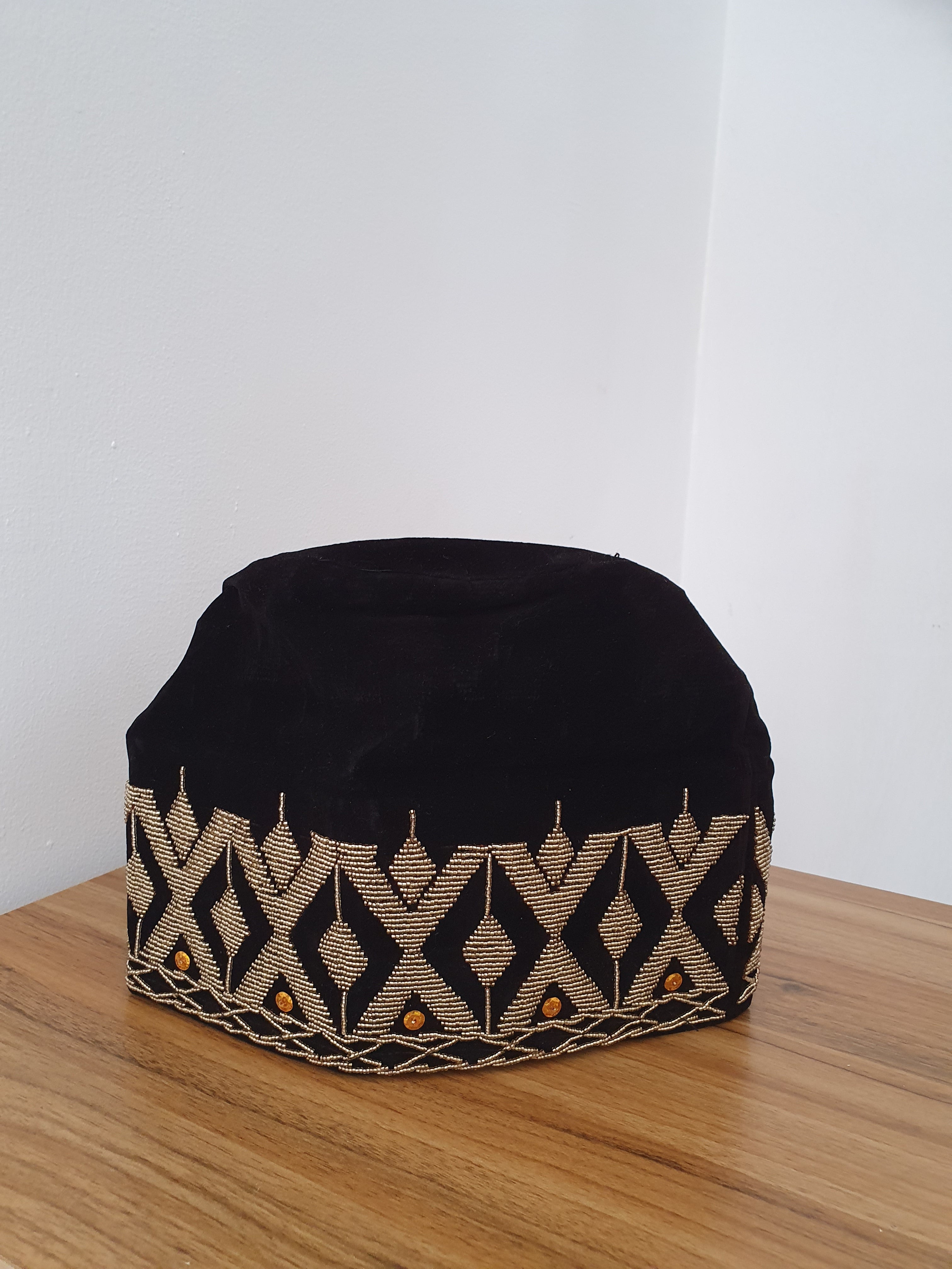 Black Royal Yorùbá Cap with Gold Embroidery