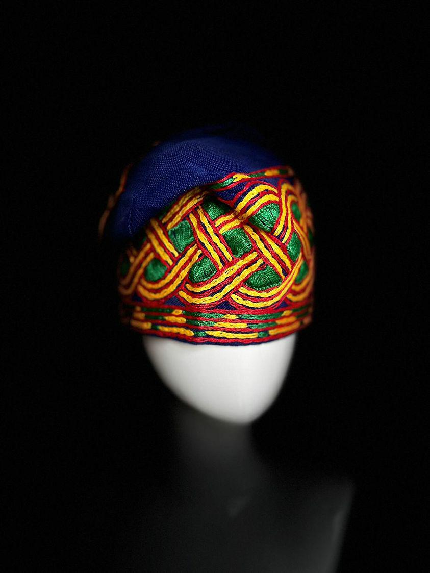Blue aso oke with green, yellow and red embroidery yoruba mens cap