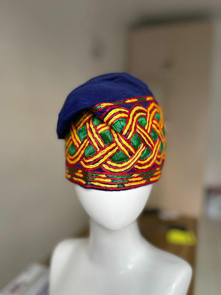 Blue aso oke with green, yellow and red embroidery yoruba mens cap