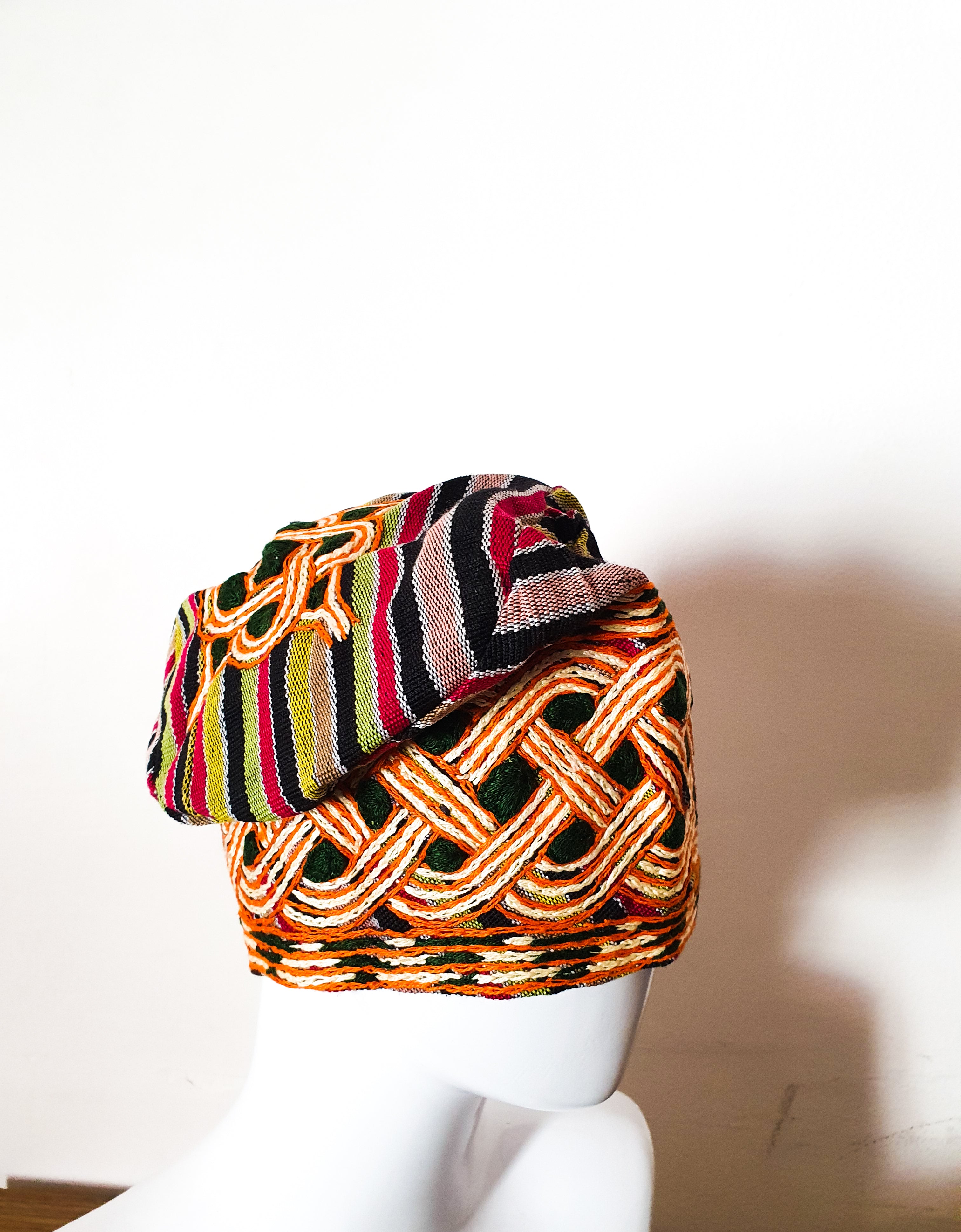 Multi colored stripe aso oke cap