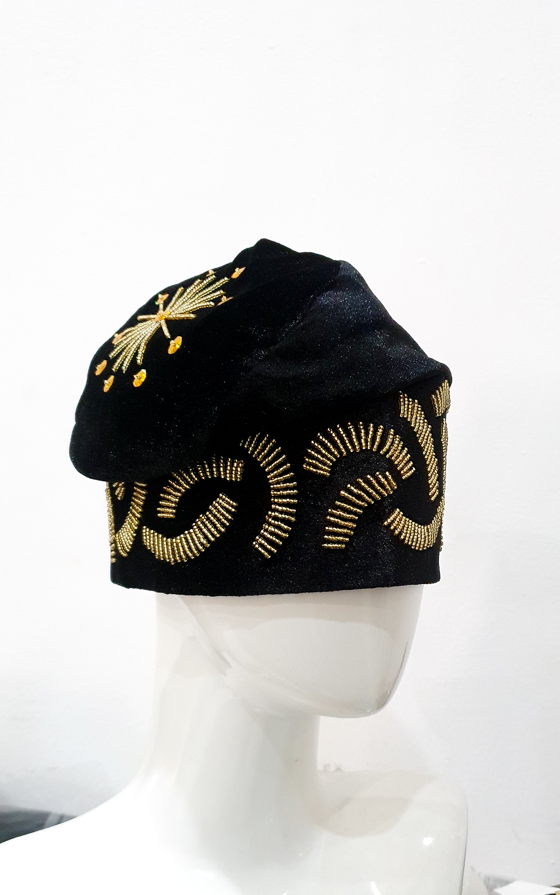 Black and gold royal beaded wedding cap