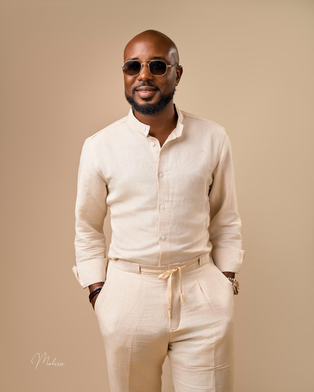 Orí Adé beige linen shirt and trouser set worn together