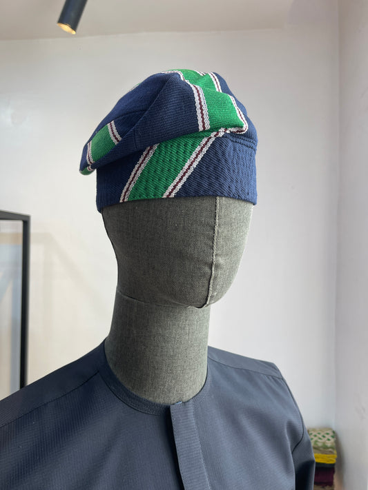 Blue and Green Stripes Nigerian traditional Aso Oke cap