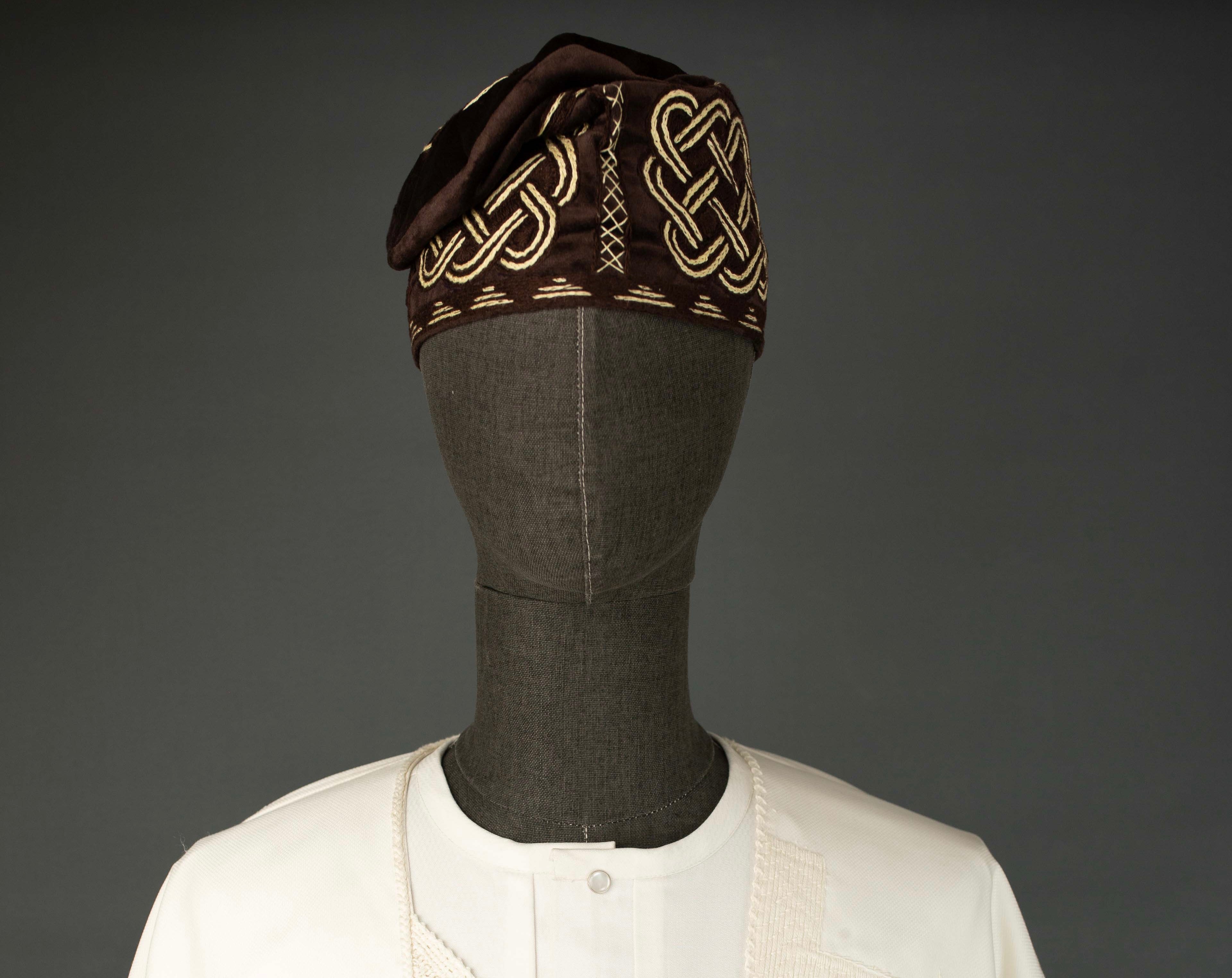 Adeola Brown Velvet Aran-Stitched Handknit Yoruba Cap