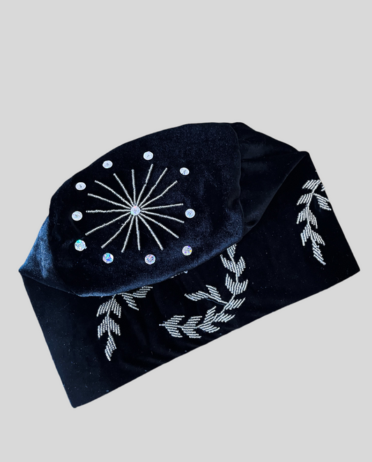 Black and Silver Akogun traditional yoruba wedding beaded hat