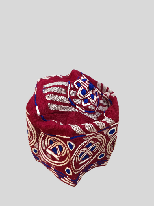 Red x blue handknit nigerian traditional ijebu cap