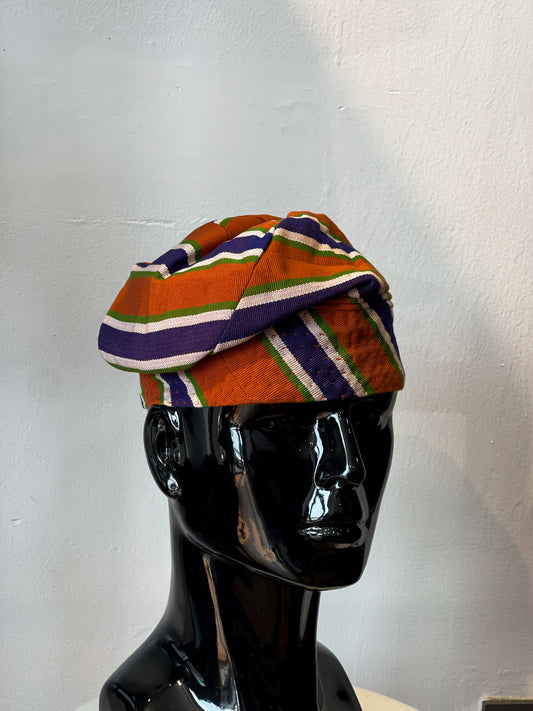 Coral and blue Nigerian traditional Aso Oke cap