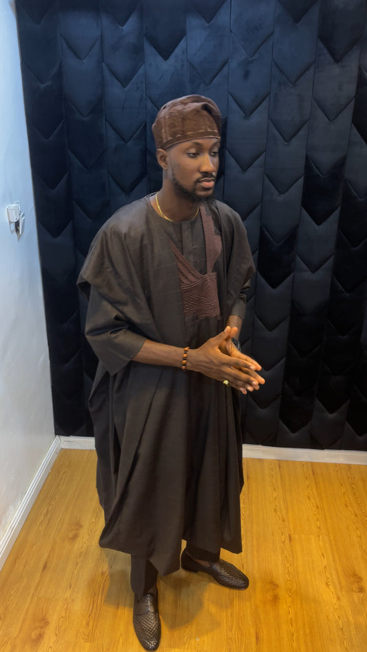 Coffee Brown “Atican” Wave Jakan Agbada – Embroidered Wool 3-Piece Set for Men