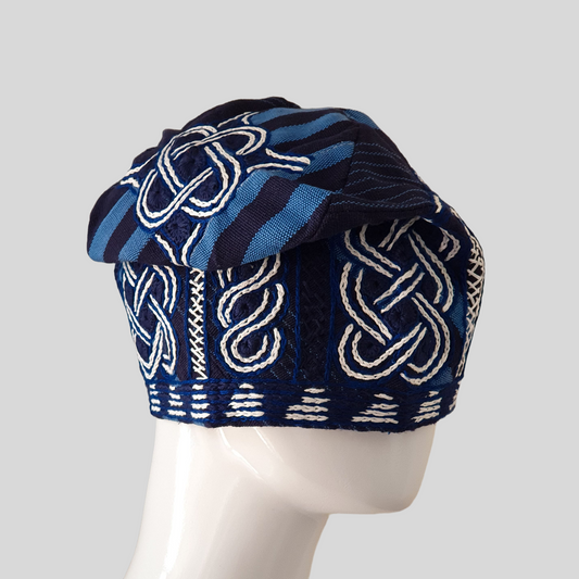 Blue and white Stripes mens embroidery aso oke cap