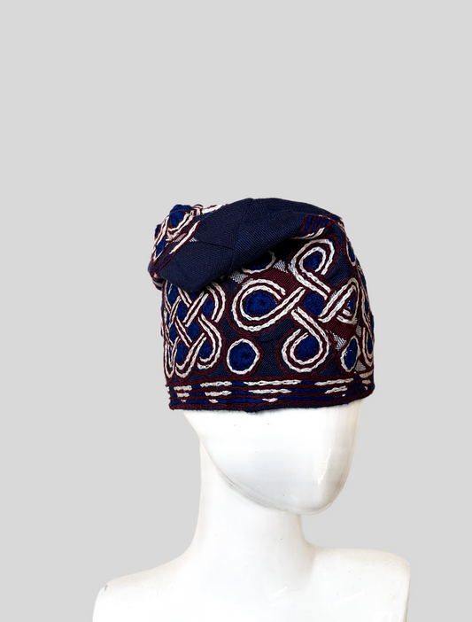 Blue fabric with brown and white embroidery design yoruba mens Aso Oke ijebu cap