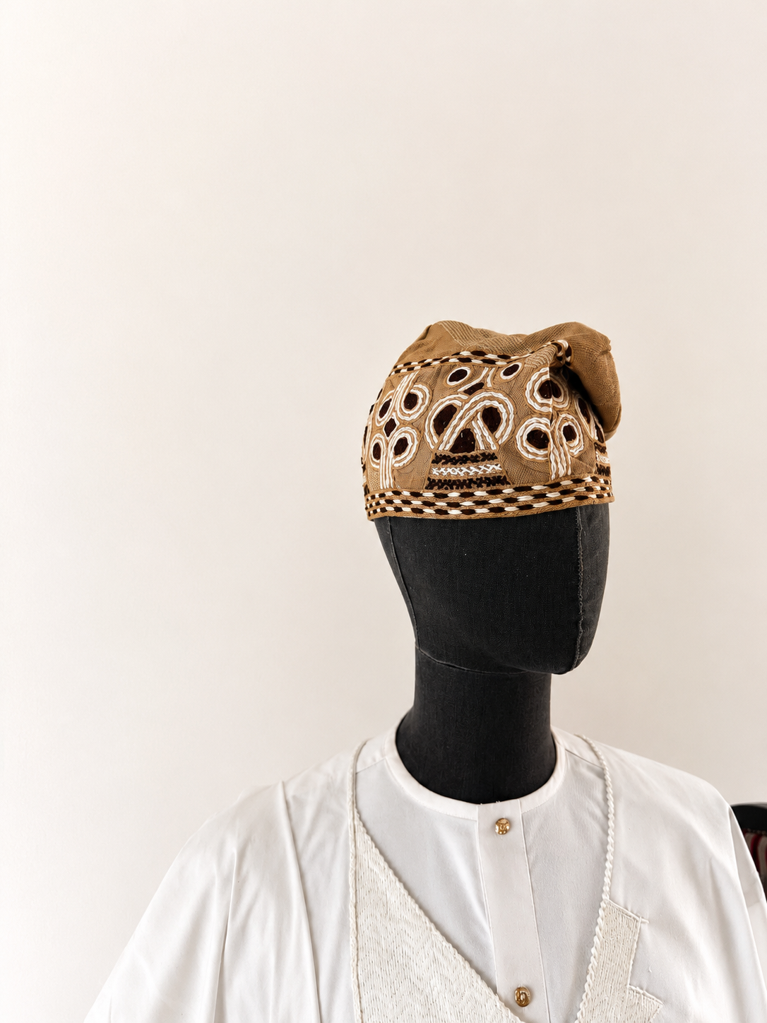 Brown yoruba men's embroidery aso oke hat