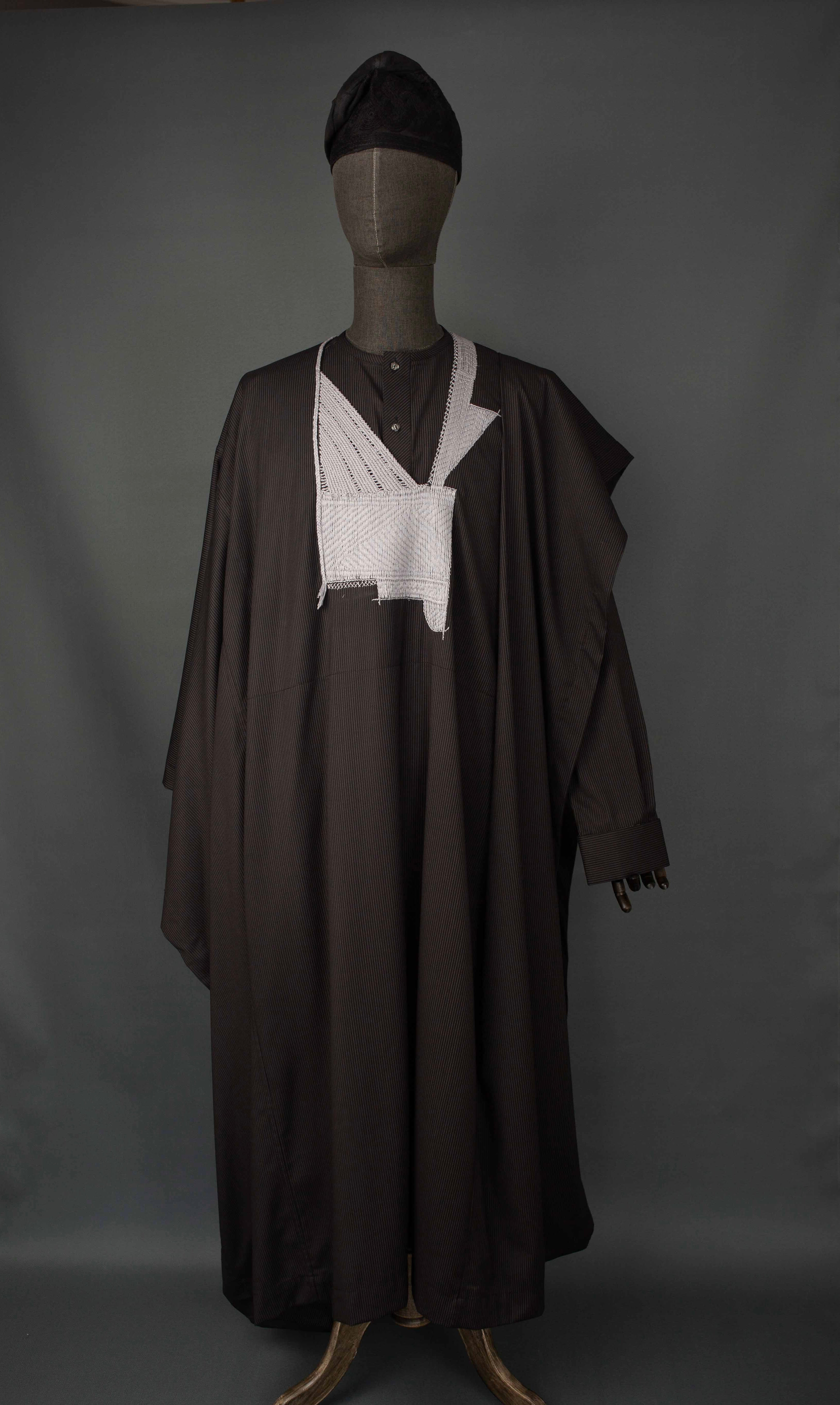 Black “Elegushi” Jakan Agbada – Pinstripe Embroidered 3-Piece Suit for Men