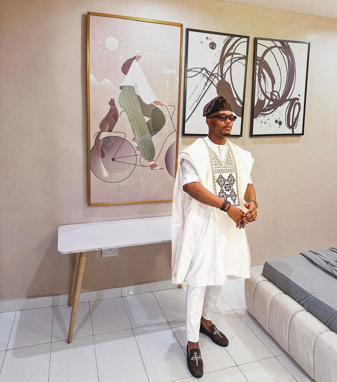 BROWN velvet monotone embroidery yoruba cap